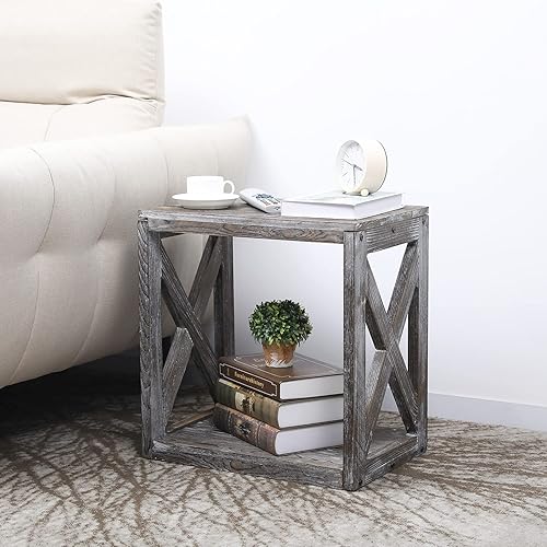 Miniatura 5 de MyGift Mesa auxiliar pequeña de madera maciza gris vintage, mesa auxiliar, mesita de noche, mesita de noche con diseño en X y estante inferior de