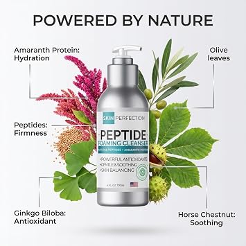 Foaming Facial Cleanser Peptide Face Wash, Gentle for All Skin Types 4 oz | Skin Perfection, EWG Verified, Fragrance-Free, Sulfate-Free, Paraben-Free; Amaranth Amino Acids; for Sensitive Skin, Women