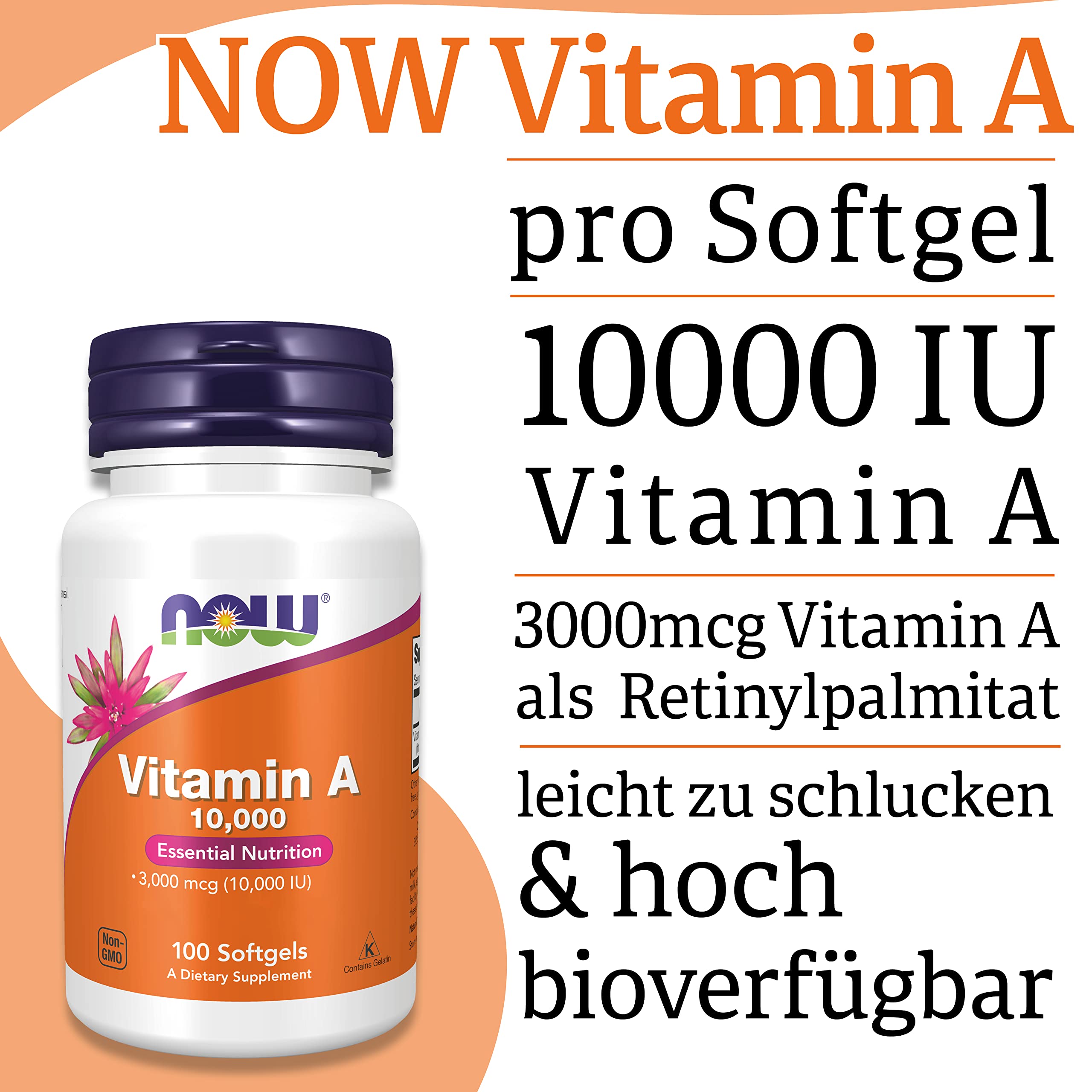Now Foods, Vitamin A, 10.000IU (3.000mcg), aus Retinylpalmitat und Lebertran, Hochdosiert, 100 Kapseln, Laborgeprüft, Glutenfrei, Sojafrei, Ohne Gentechnik