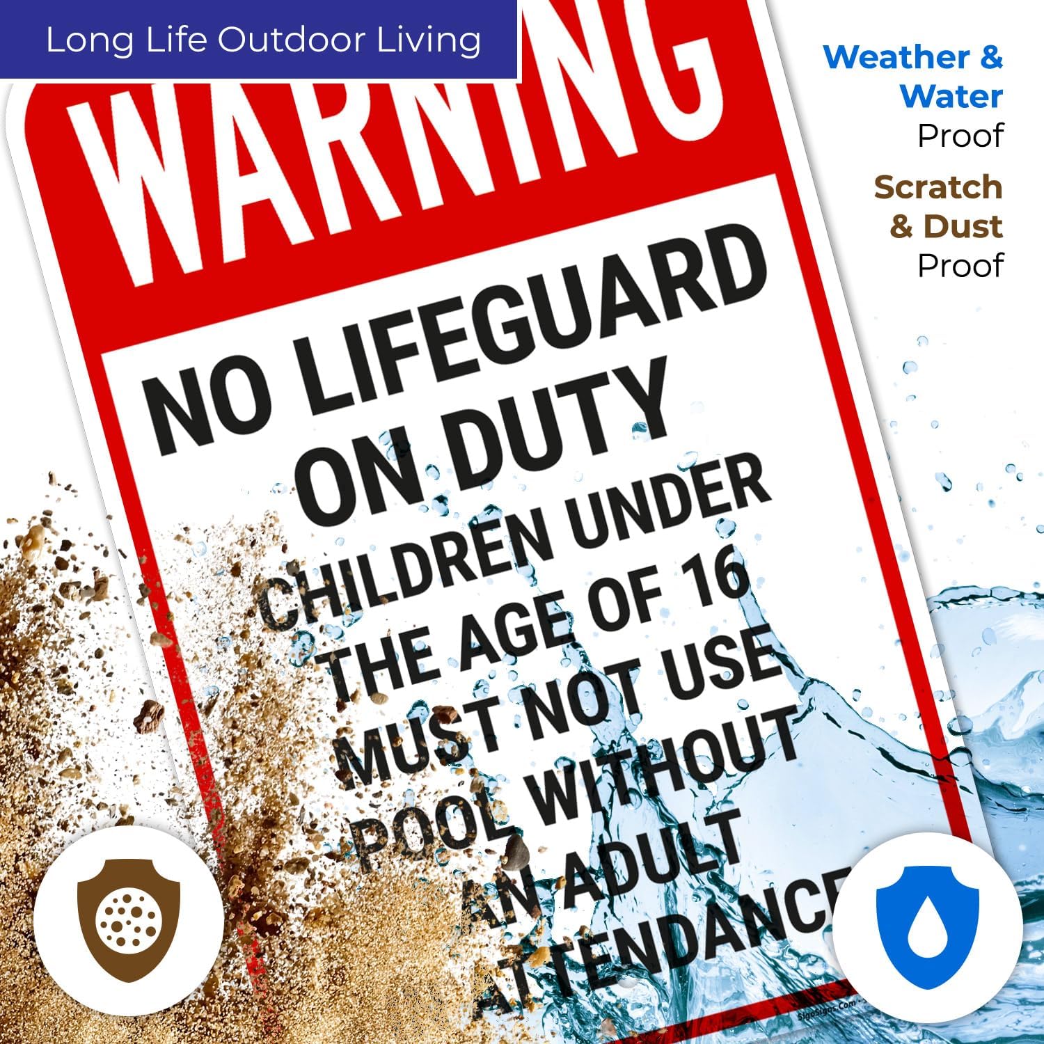Warning No Lifeguard On Duty Children Under The Age of 16 Must Not Use Pool Sign, 12x18 Inches, 55 mil Thick HDPS (high Density polystyrene), Made in USA