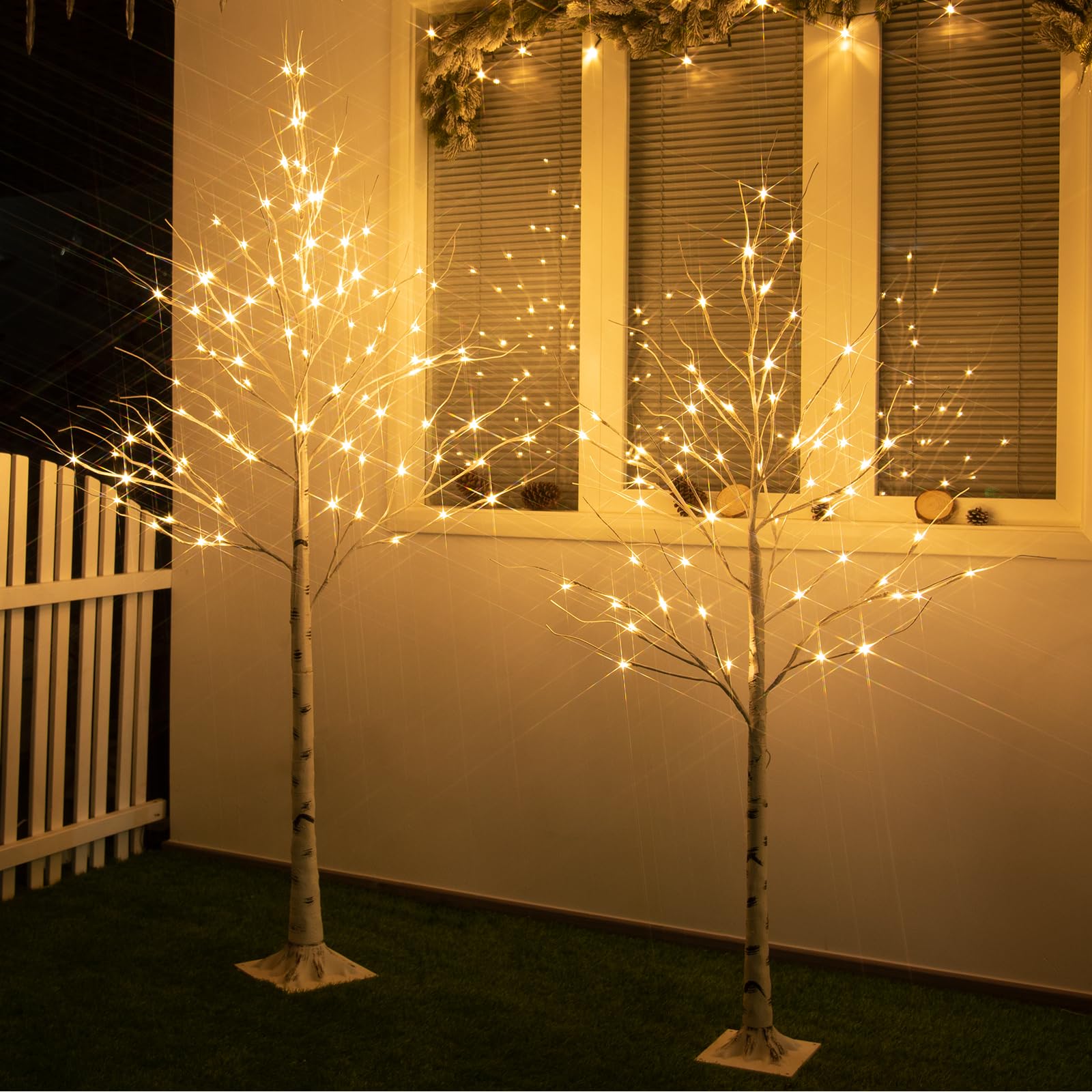 2PK Weiße Weihnachtsbäume Zweig Set mit Timer Lichterbaum mit Dimmfunktion Birke Baum mit warmweißen LEDs netzbetrieben mit Wasserdichter Adapter für Innen und Außen 1,5m+1,8m