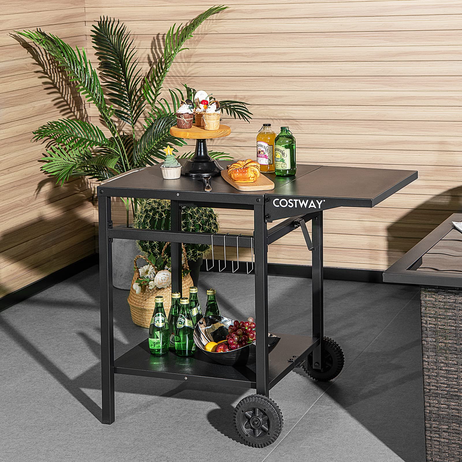 COSTWAY Carrello per Barbecue, Carrello di Servizio con Ruote e 4 Ganci, Pannello Laterale Pieghevole, Carrello Cucina Multiuso per Forno da Pizza, per Casa Cortile Patio e Giardino