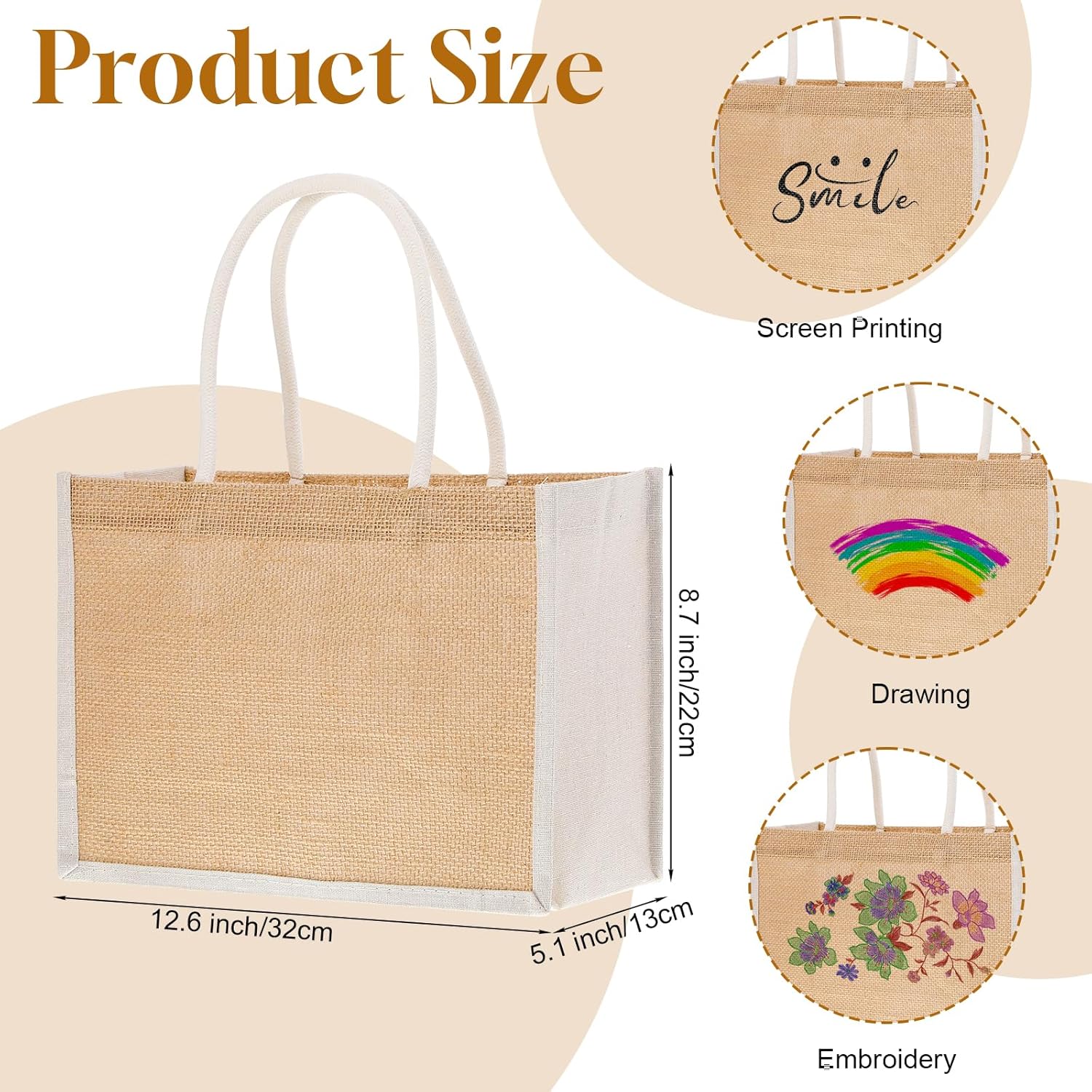 MAQUITA 6 Pack Burlap Tote Bags, Reusable Jute Gift Bags with Handles, Water Resistant Beach Bag, 12.6'' x 5.1'' x 8.7'' Canvas Grocery Shopping Bag for Bridesmaid, DIY, Shopping, Wedding - Image 4