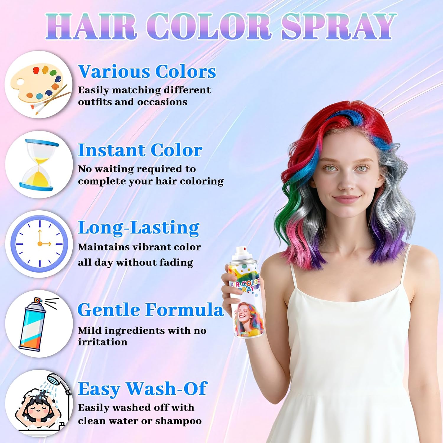 6 PCS Red&Blue&Purple&Pink&Silver&Green Temporary Hair Color Spray,Non-Stick Hairspray for Kids Girls Women Men,Easter Basket Essential,One-day Washable Hair Dye Spray for Easter Party Cosplay