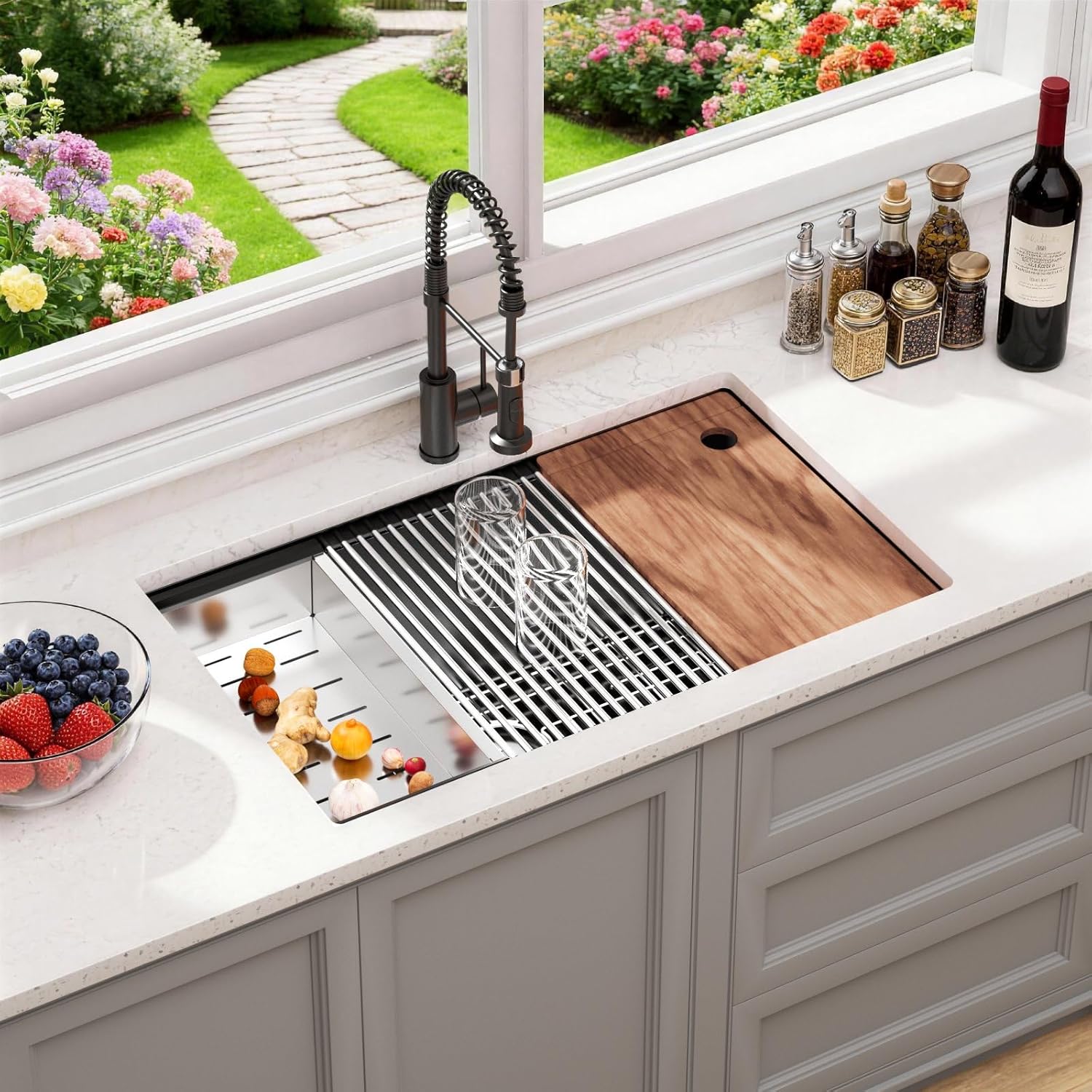 30" Black Stainless Steel Workstation Kitchen Sink, Large Single Bowl Drop-In Undermount Farmhouse Sink (Black, 3018)