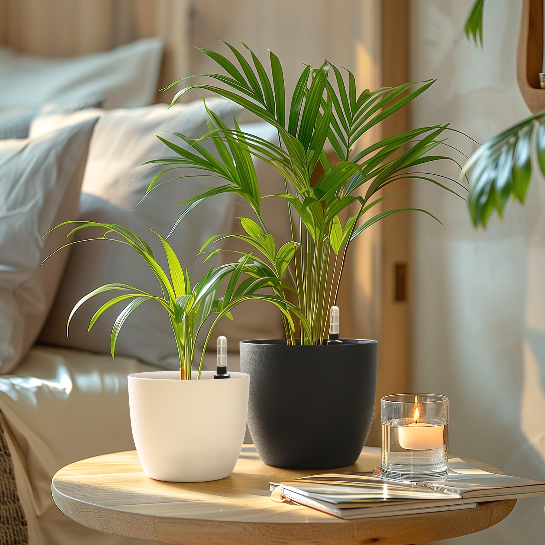 T4U 15cm Selbstwässernder Blumentopf mit Wasseranzeiger Weiß Blumentopf Set 4er-Set, Selbstbewässerung Wasserspeicher Pflanzgefäß Übertopf für Innen- und Außenbereich