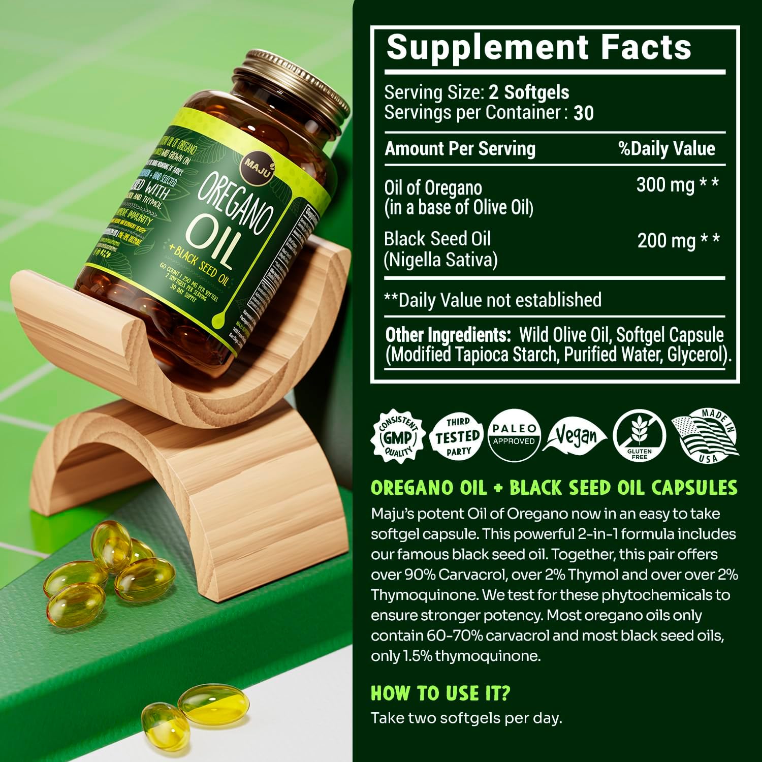 MAJU Oregano Capsules w/Black Seed Oil, 2-in-1 Softgel Oil of Oregano, Potent 90%+ Carvacrol, High Thymoquinone, 60 Count, 500mg per Serving, Wild Oregano and Black Seeds