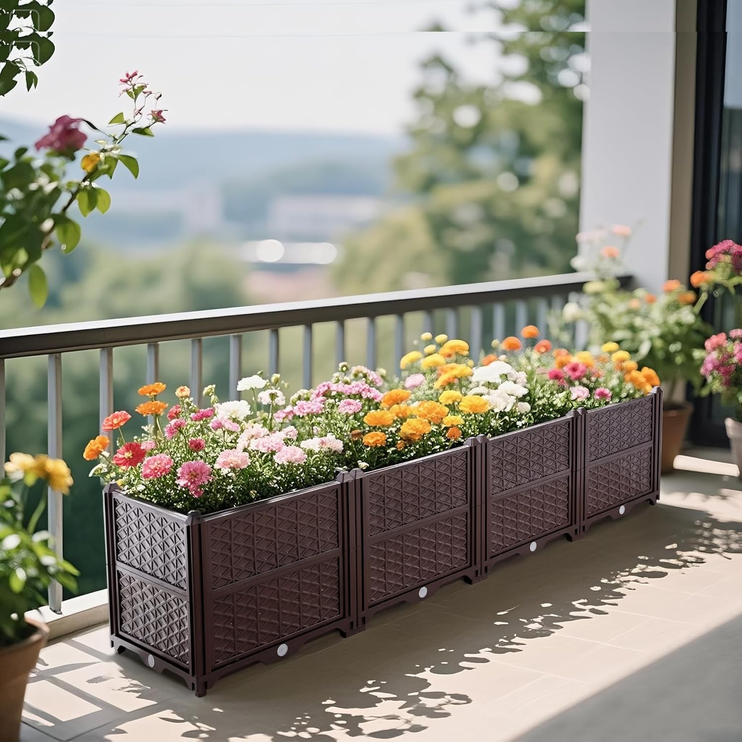 Rectangular Plastic Planter Brown Box for Indoor & Outdoor Use, Brown Raised Garden Bed for Growing Fresh Vegetables, Herbs, Flowers, and Succulents, Self-Draining Planting Kit