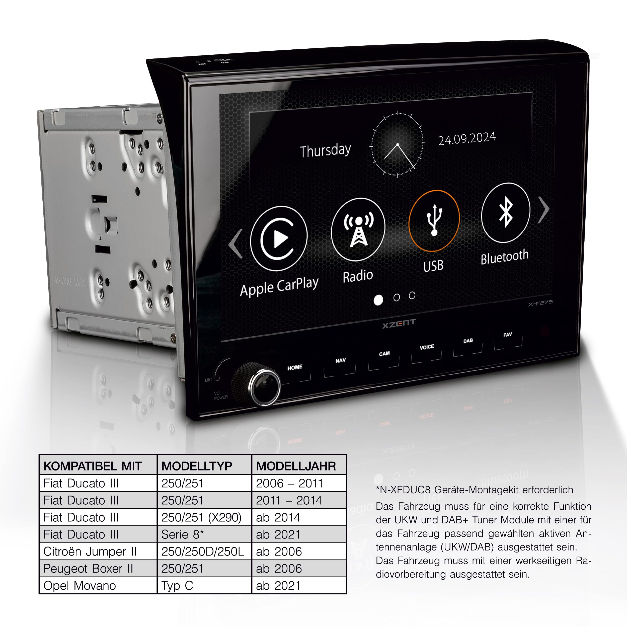 X-F275 – 8 Zoll Multimedia Receiver kompatibel mit FIAT Ducato | Mediencenter kompatibel mit Fiat Ducato, 20,3 cm Touchscreen, Apple CarPlay & Android Auto, DAB+, Reisemobil-Navi optional