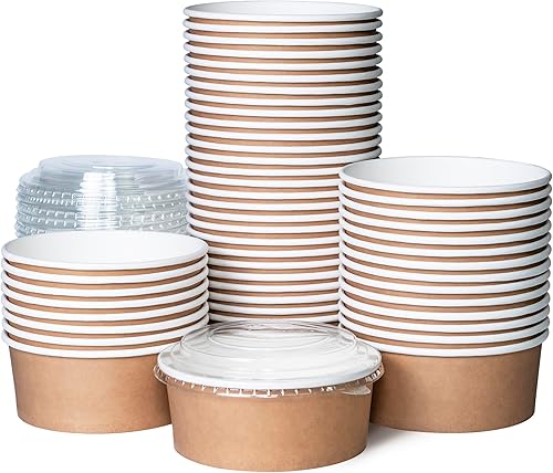 MATICAN Cuencos de papel desechables con tapas de plástico, 50 cuencos de papel kraft a granel para alimentos fríos y calientes, 25 onzas,