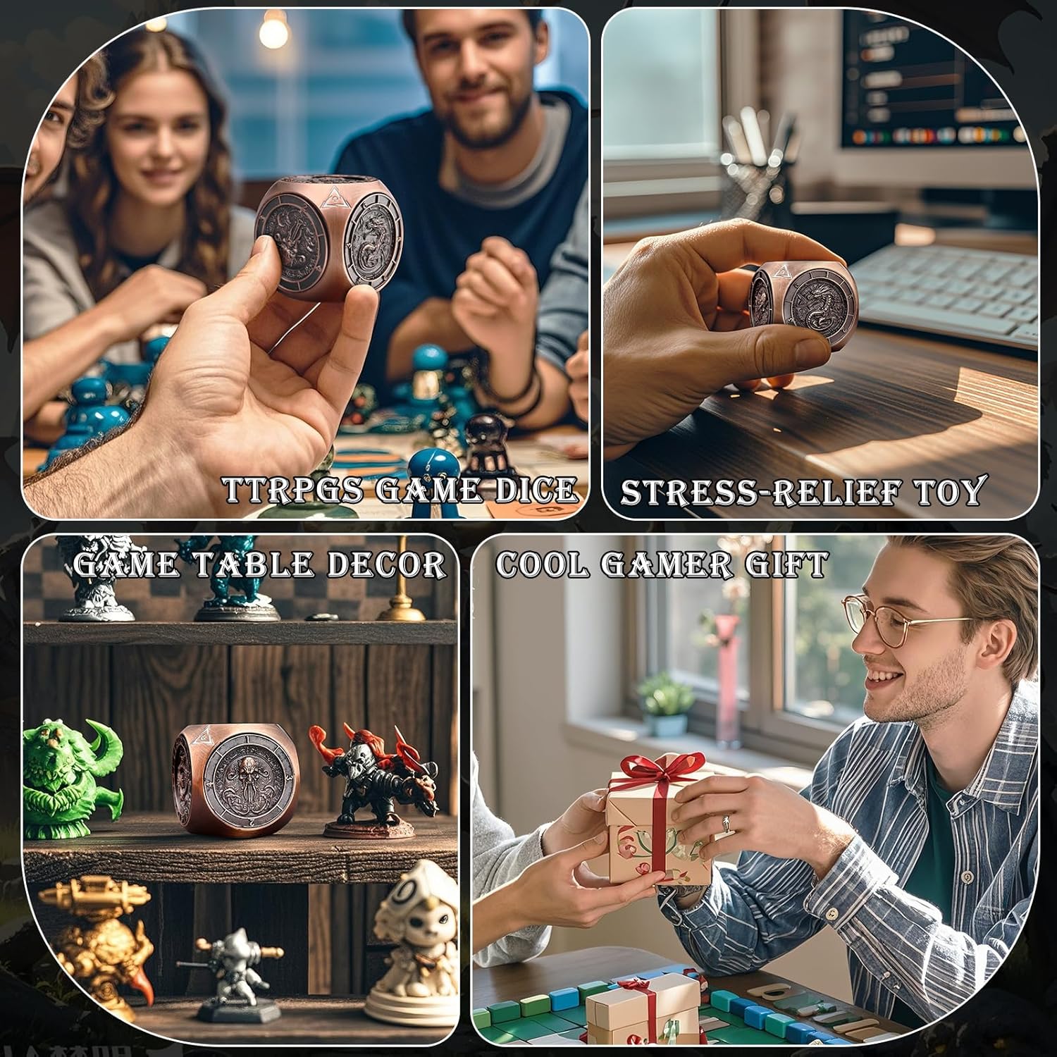 DND 7-in-1 Metal Spinner Dice, Haxtec Premium D&D Fidget Cube Dice Set for Dungeons and Dragons Tabletop Games, Unique Gamer & Collector Gift for TTRPG Players & Dungeon Masters (Antique Copper)