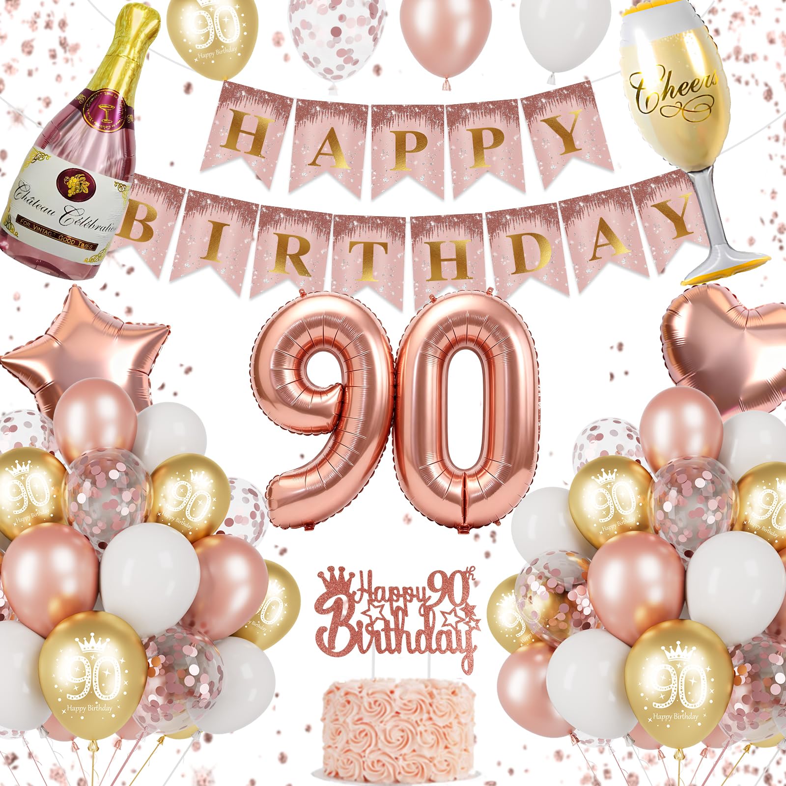 90th Birthday Decorations, Rose Gold 90th Birthday Decorations for Women, 90th Birthday Balloons, Birthday Banner, 90 Balloon, Champagne & Wine Glass Foil Balloons, Cake Topper, 90th Party Supplies — image 1