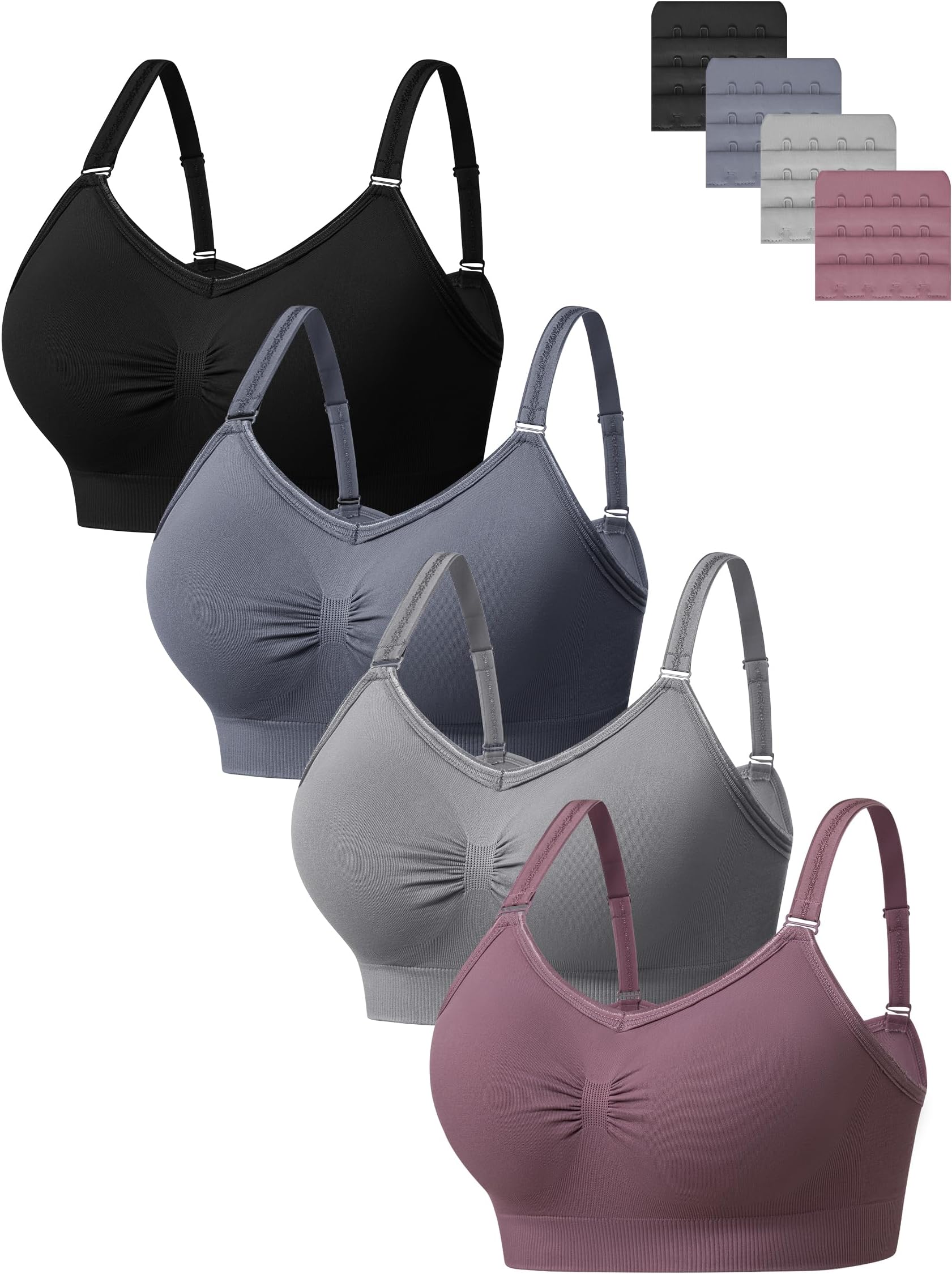 4 Pack Full Coverage Wireless Bras, Soft Seamless Bra Sets for Women, Comfortable Support Bralette with Removable Padded and Extra Extenders