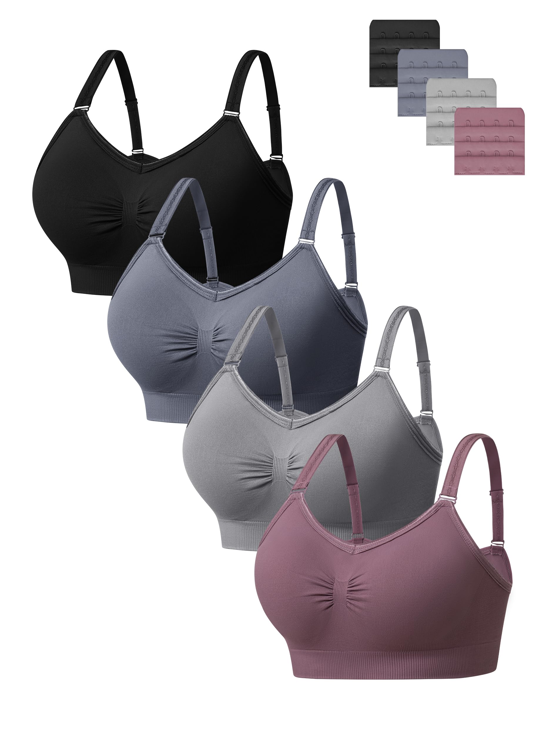 4 Pack Full Coverage Wireless Bras, Soft Seamless Bra Sets for Women, Comfortable Support Bralette with Removable Padded and Extra Extenders
