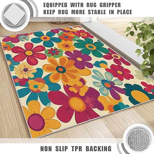 Miniatura 6 de Alfombra floral retro de 5 x 7 pies, lavable de los años 60 y 70, alfombras hippie para sala de estar, dormitorio, alfombra de área de flores