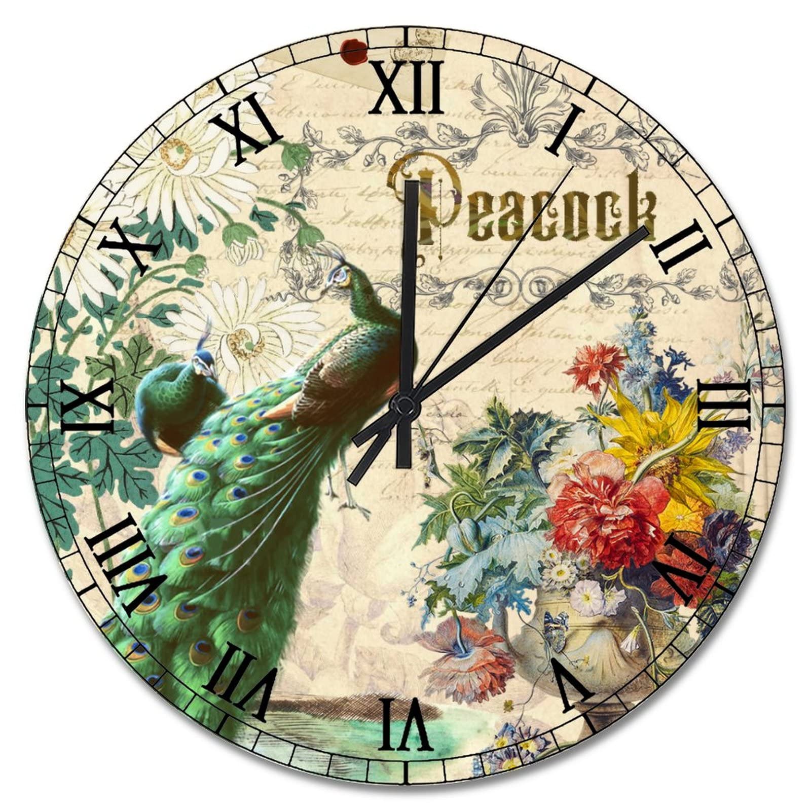 Horloge murale bois paon 38 cm pendule silencieuse salon chambre
