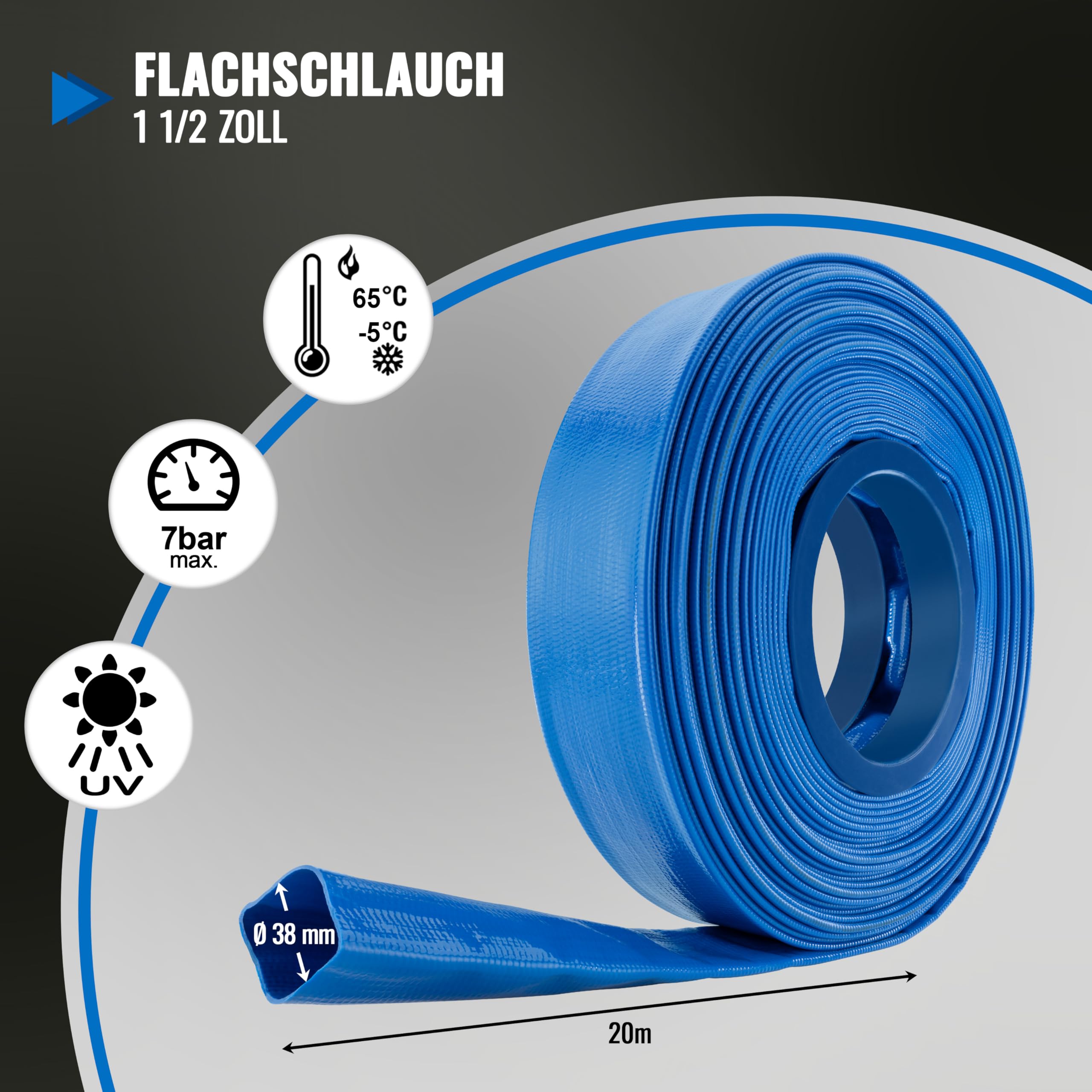 Poppstar PVC Flachschlauch 20m, Ø 38mm (1 1/2 Zoll), Betriebsdruck 7 bar, Bauschlauch, blau