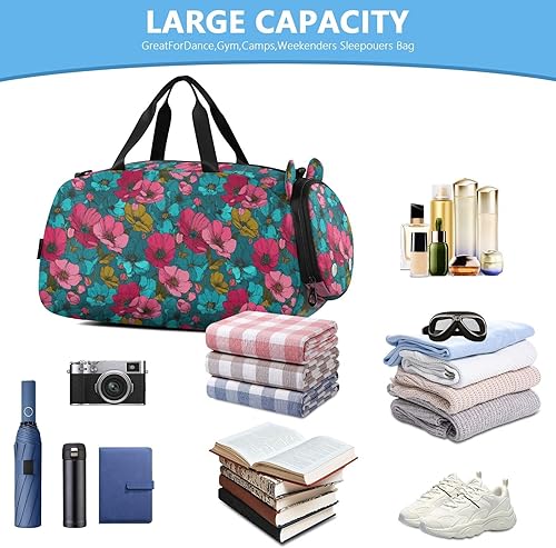 Miniatura 5 de Buttercup Turquoise Fuschia Line Drawing Gym Duffel Bag with Shoes Compartment Large Capacity Travel Duffel Bag for Beach Swim Bags Pool Sports