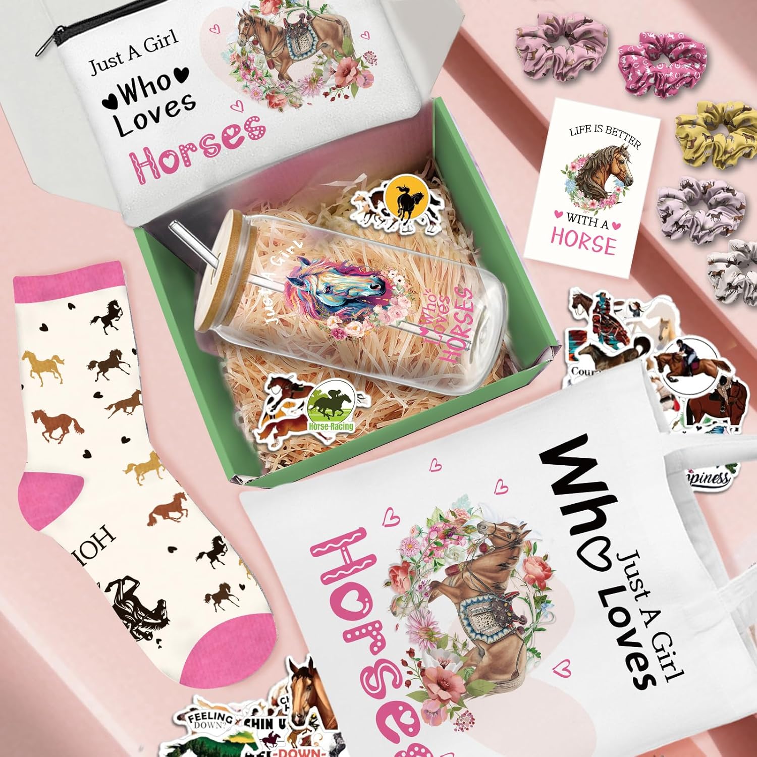 Horse Gifts for Women Horses Stuff Cool Gifts for Horse Lovers Accessories Include Glass Cup Tote Bag Makeup Bag Socks Hair Ties Stickers Card for Birthday Christmas (Classic) - Image 3