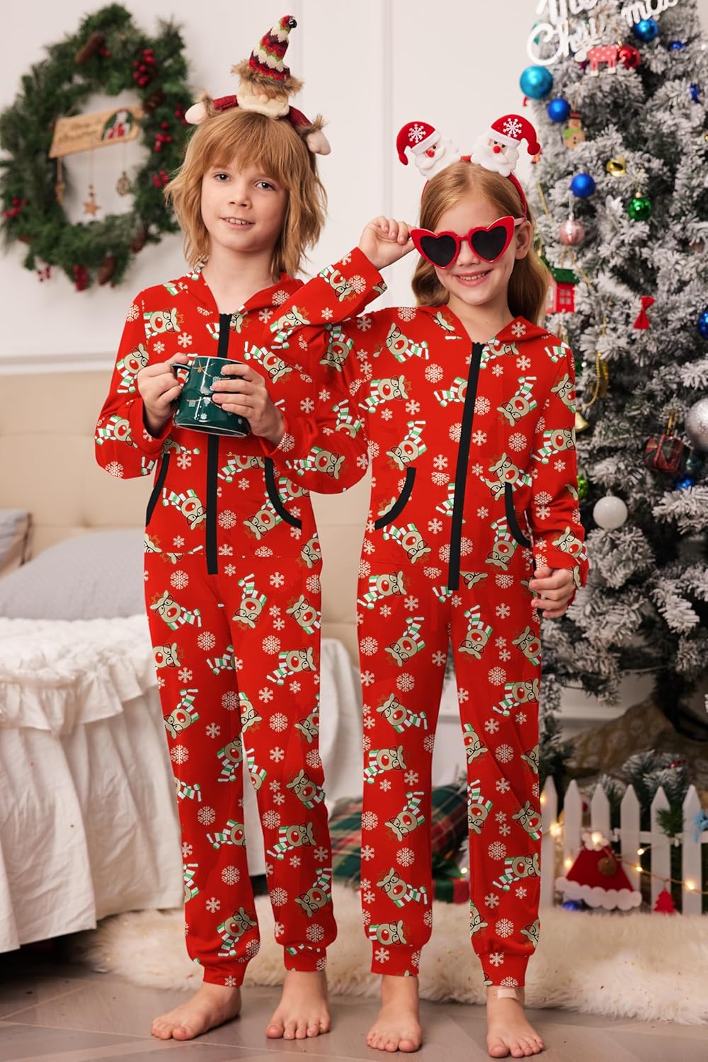 Ekouaer Christmas Matching Onesie for Couples Zipper One Piece Pajamas Adult Hooded Jumpsuit with Pockets - Image 4