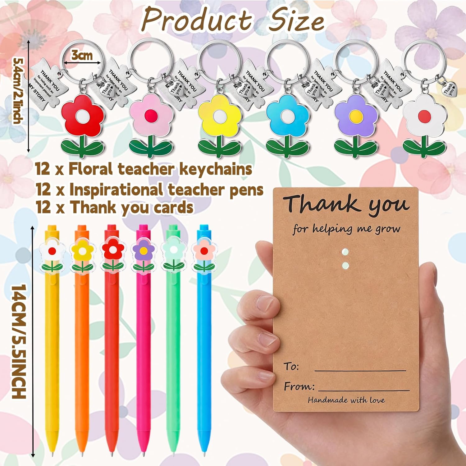 Harloon 24 Sets Teacher Appreciation Gifts Keychains Bulk Thank You for Helping Me Grow Keychains with Thank You Cards Daycare End of Year Teacher Gifts Flower Ballpoint Pen for Kindergarten Preschool