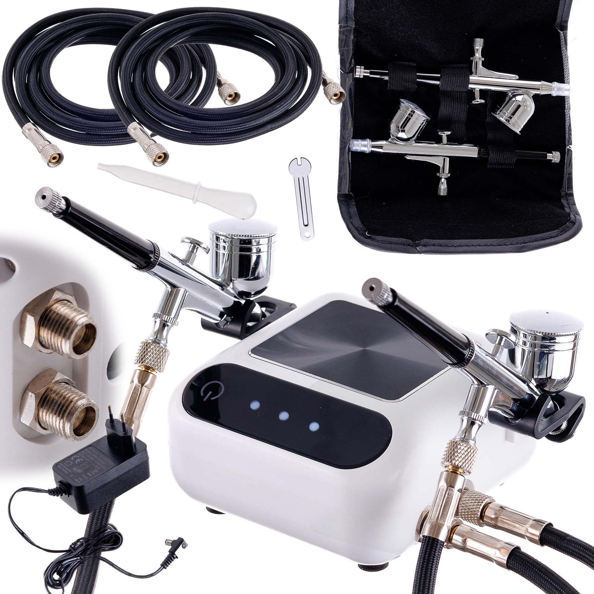 TC TECHNIC - Compressore per Aerografo - Senza Olio, Silenzioso - con 2 Tubi da 1,7m e 2 Pistole per Aerografo - Avvio/Arresto Automatico - Controllo Elettronico Della Pressione - Bianco