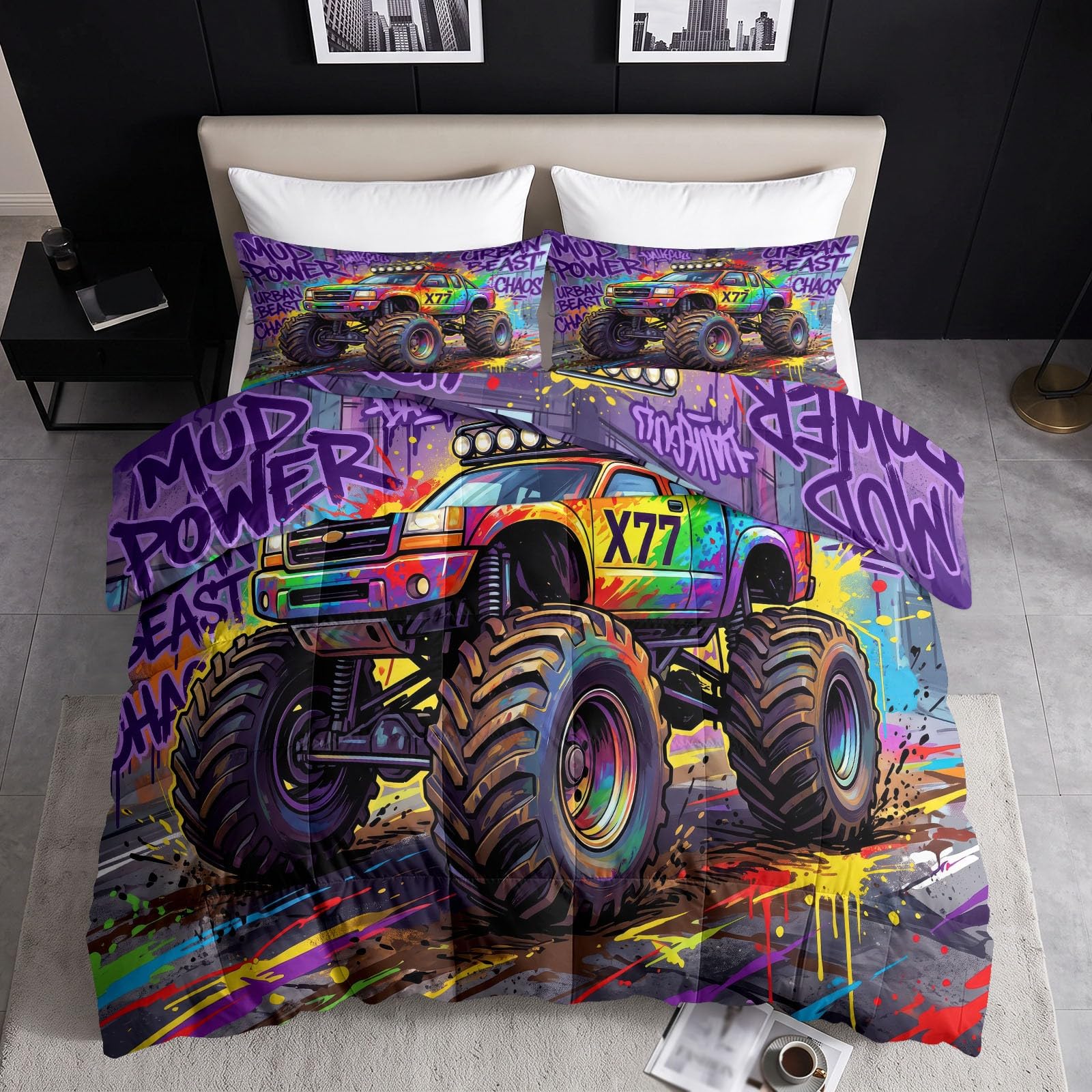 Trapunta senza rivestimento, 135 x 200 cm, coperta invernale calda, 400 g/m², 4 stagioni, 3 pezzi, trapunta fuoristrada con monstertruck per quattro stagioni