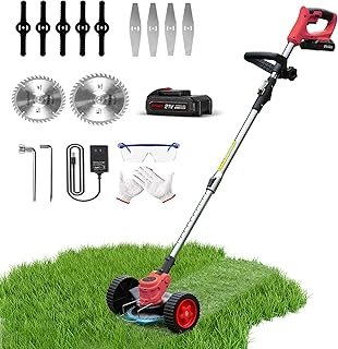 HUDAEN Cordless Grass Trimmer Weed Wacker, 3-in-1 Lawn String Trimmer with 21V 2Ah Li-ion Battery for Garden and Yard with Wheel, Lightweight Adjustable Height Weed Eater Brush Cutter (Red)