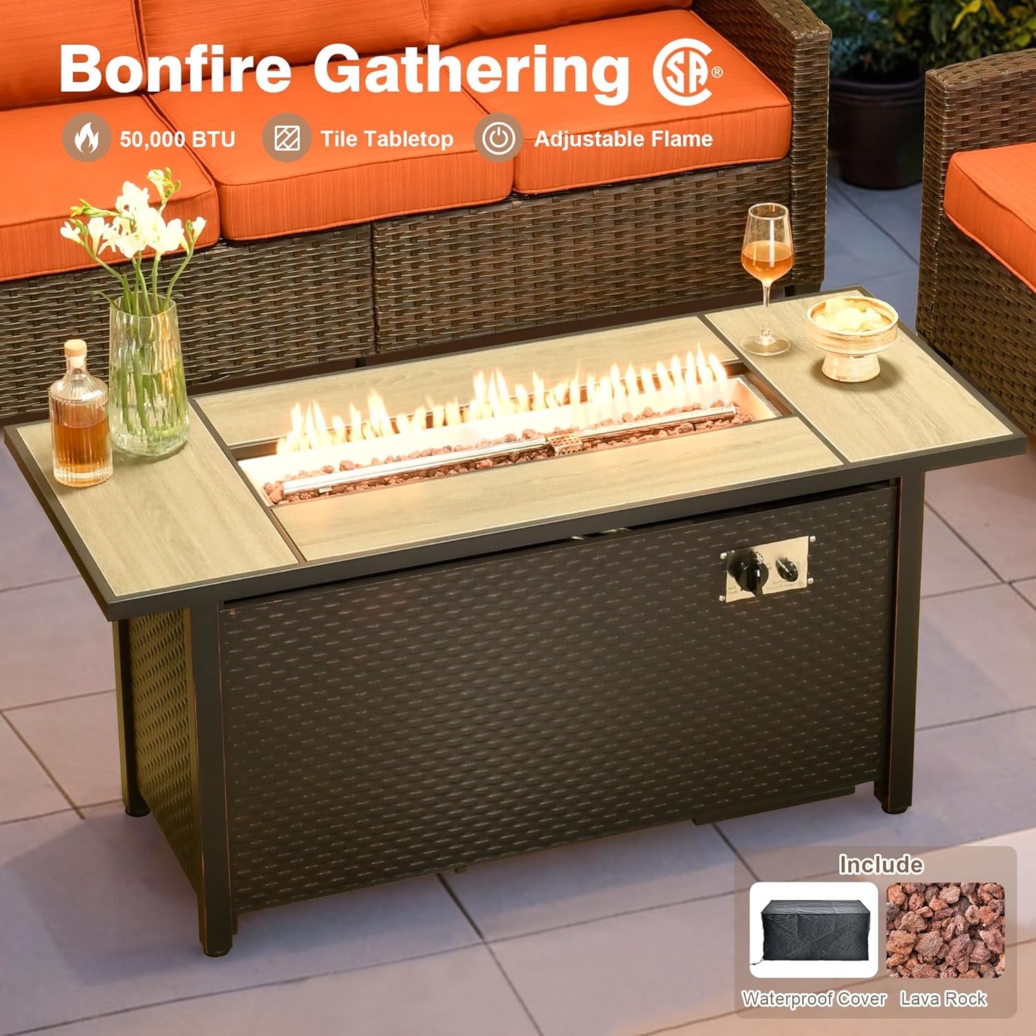ovios 7 Pieces Patio Furniture Set, Outdoor Wicker Sofa Couch with 54" Fire Pit Table Comfy Cushions, All Weather Brown Rattan Conversation Set for Backyard Deck, Orange Red