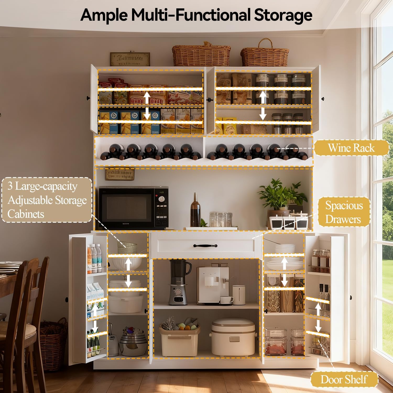 72" Tall Pantry Storage Cabinet with LED Light 55" Wide Kitchen Pantry Cabinet with Charging Station and Adjustable Shelves Modern Kitchen Hutch with Wine Rack and Large Countertop White