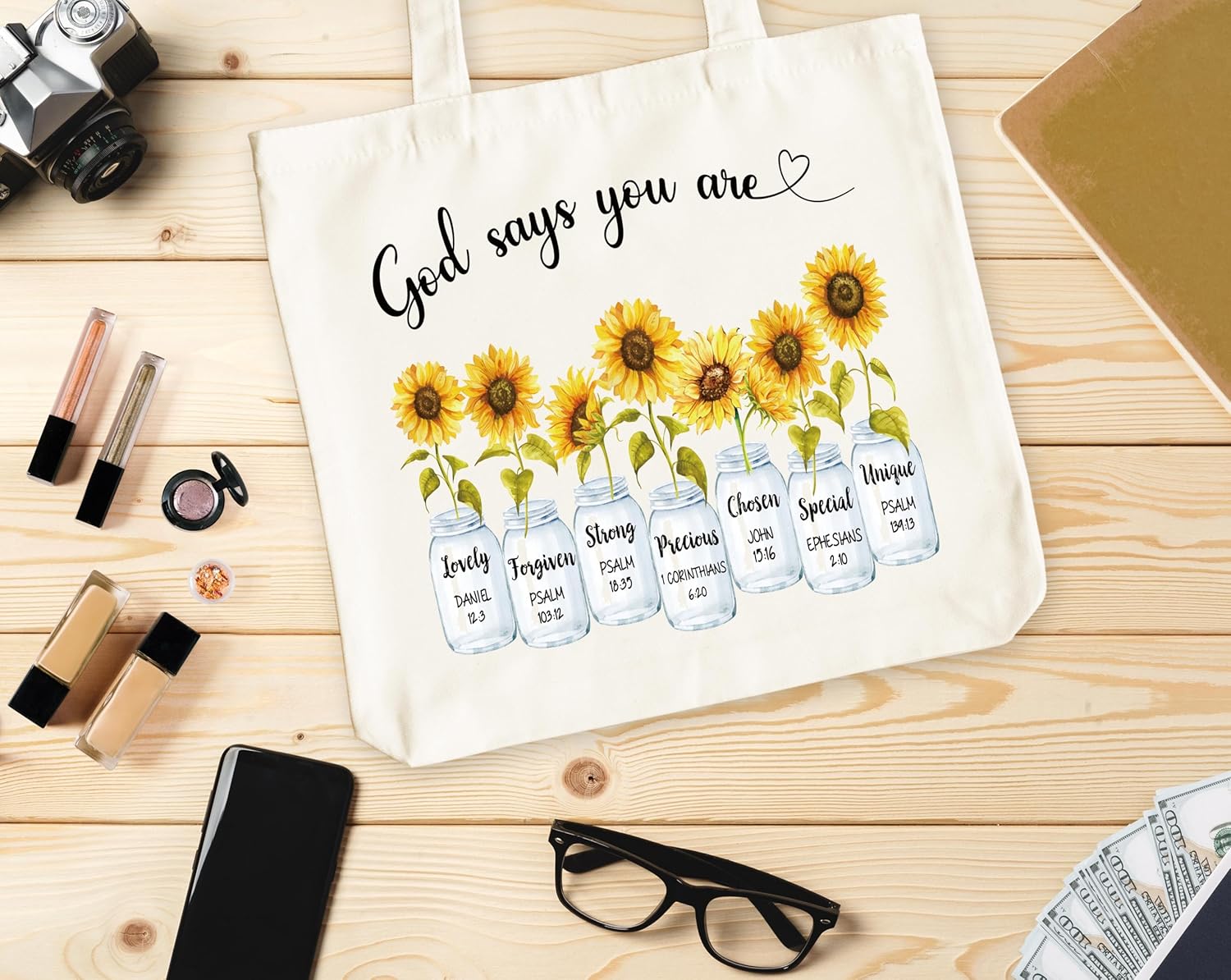 Inspirational Christian Canvas Tote Bag for Women, God Says You Are Unique Bible Tote, Bible Verse Religious Gift Bag, Sunflower Library Book Bag, Shoulder Bags Gifts for Women Friends Colleagues -36 - Image 4