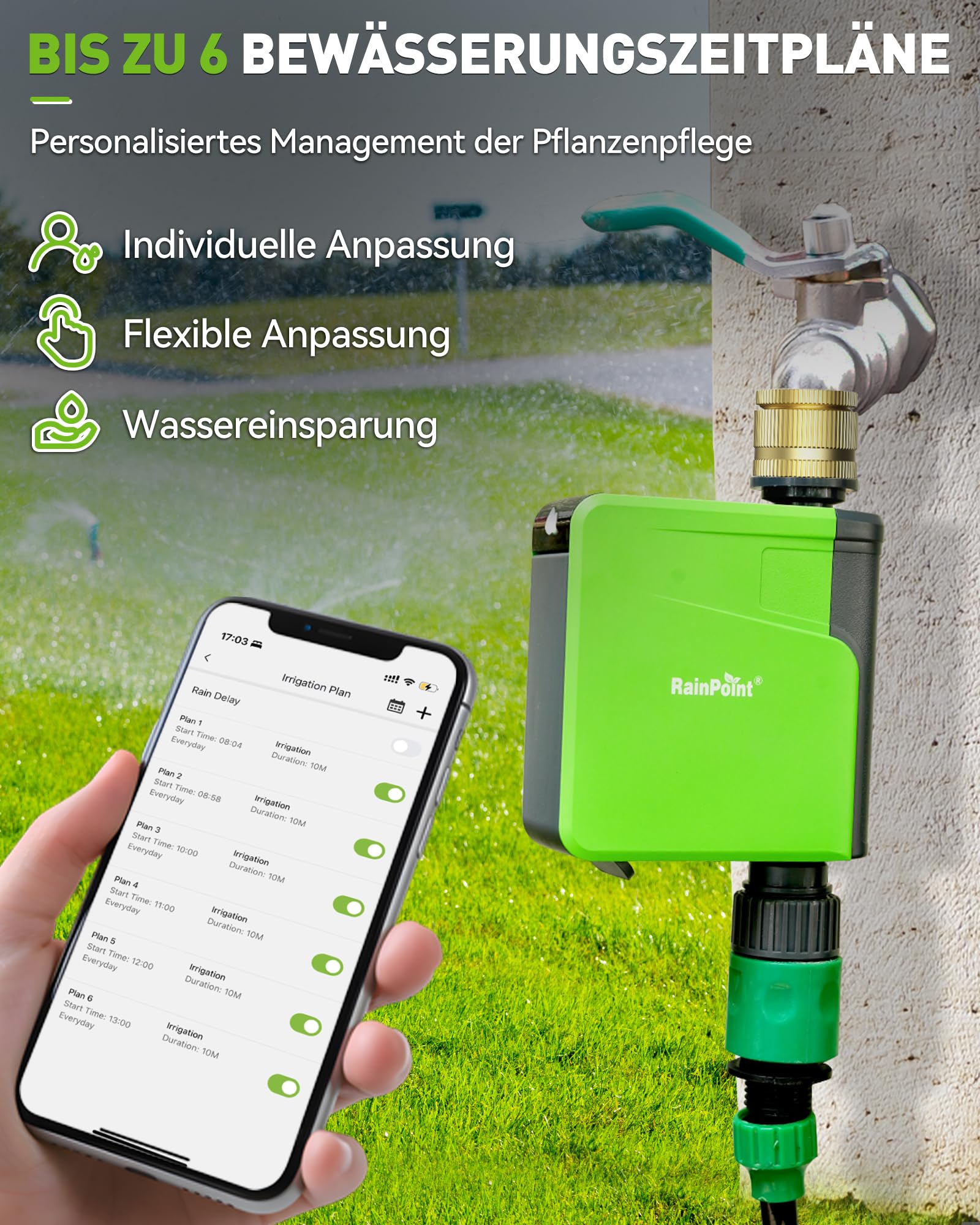 RAINPOINT Programmateur Arrosage Automatique, Minuteur Arrosage avec Retard De Pluie/Mode Automatique & Manuel Arrosage, IP54 Étanche Programmateur d'arrosage pour Jardin, Pelouse