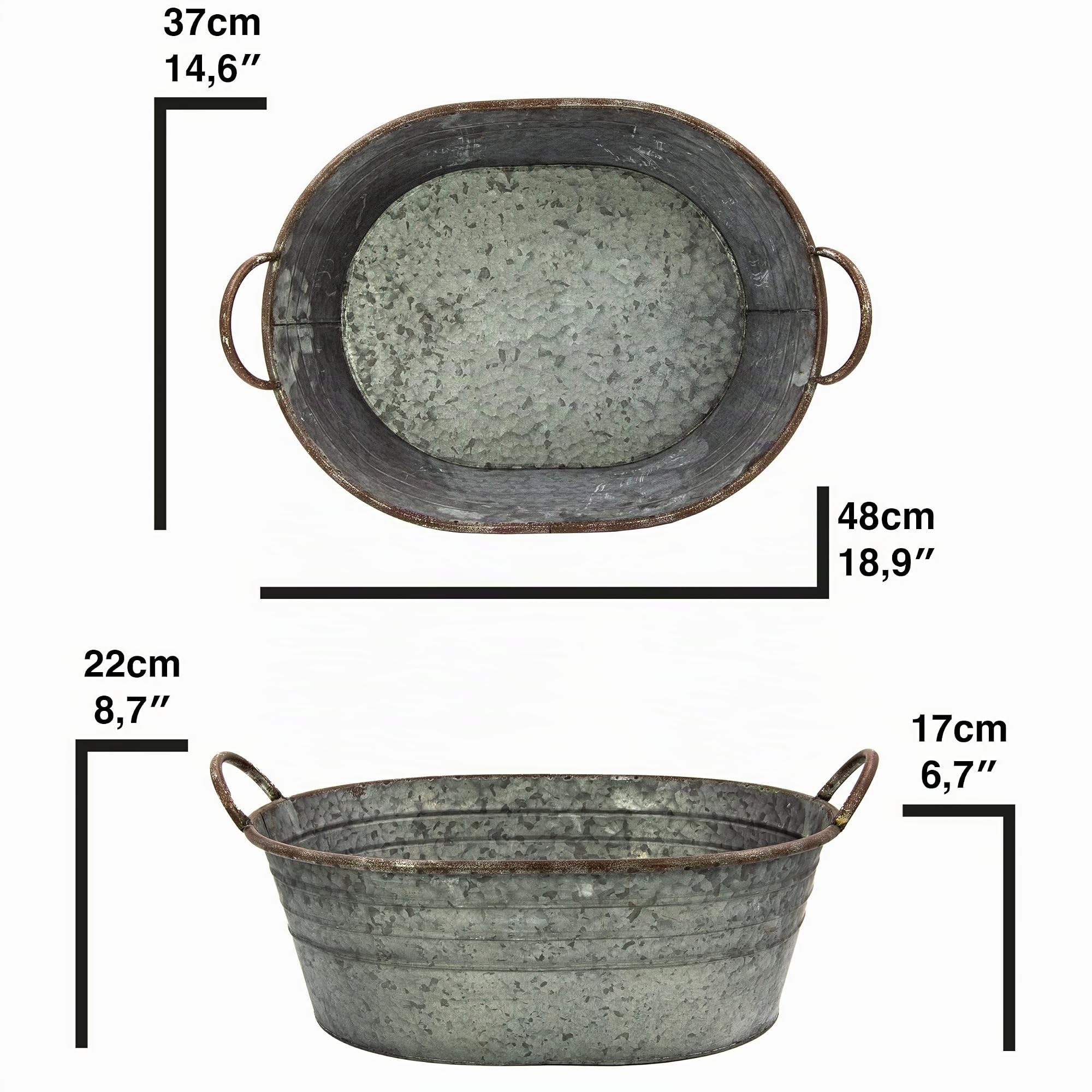 Bañera galvanizada – Maceta para plantar – Decoración de jardín para exteriores – Pequeño estanque decorativo para el balcón (48 cm)
