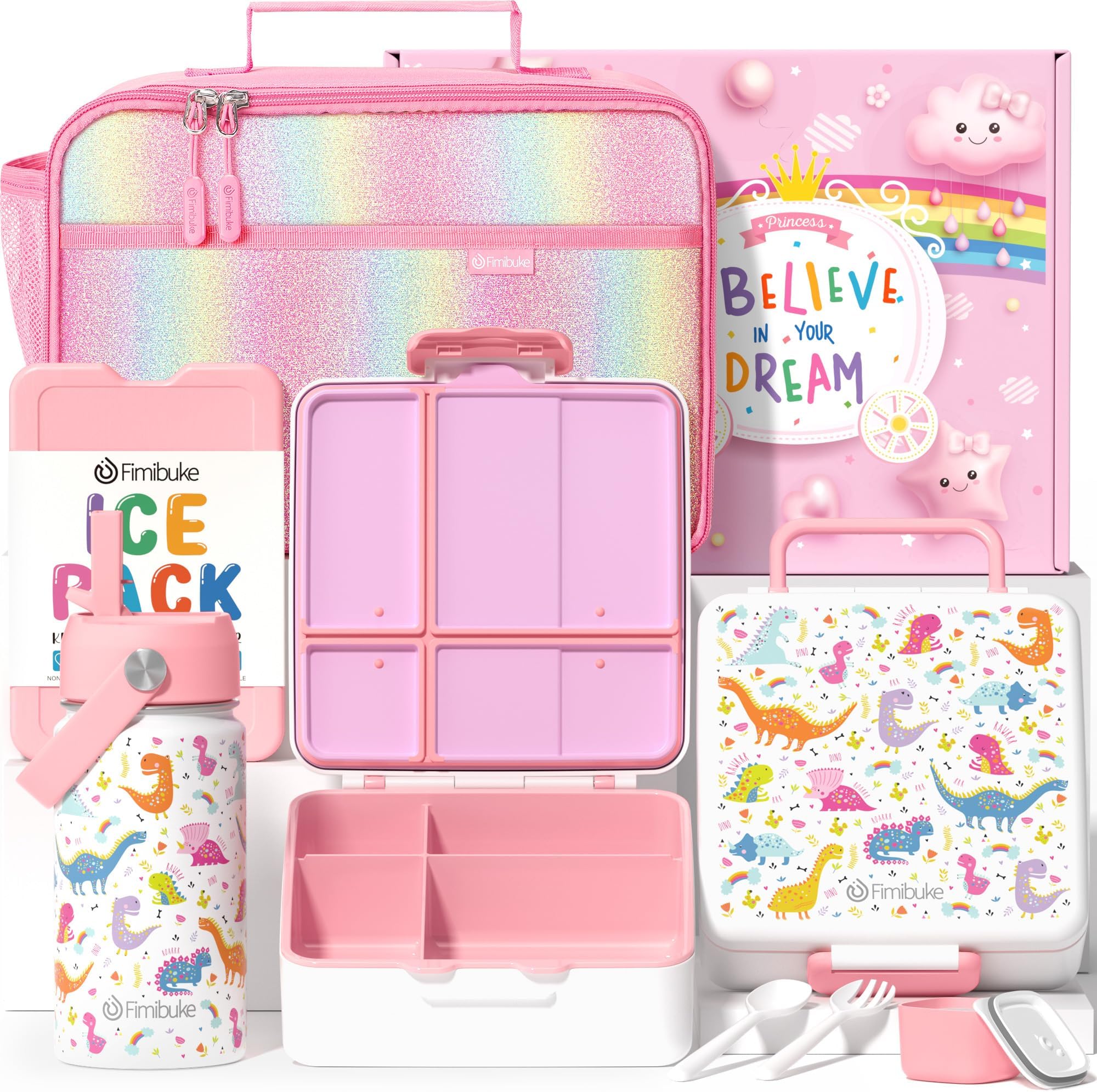 Fimibuke Bento Lunch Box for Kids with Insulated Bag, Toddler Water Bottle & Ice Pack - Leak Proof Bento Box with 4 Compartments Double Wall Vacuum Metal Bottle for Ages 3-12 Girls Boys for School