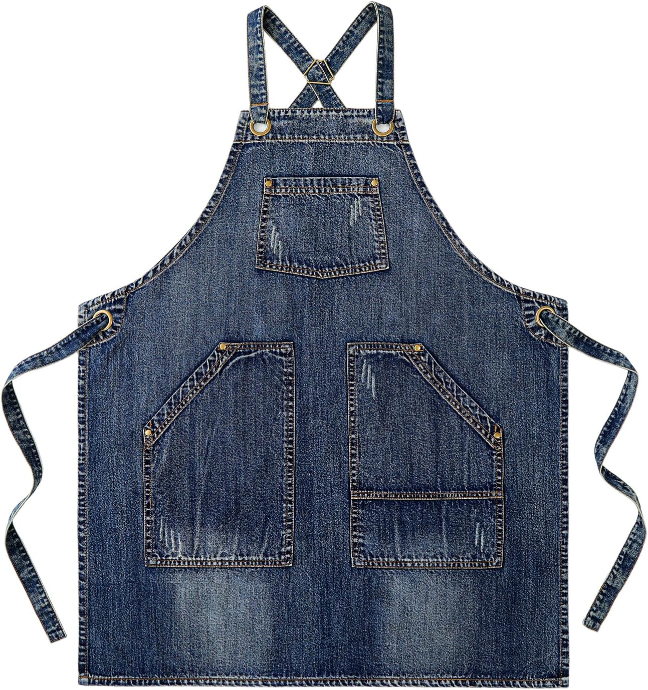 Cotton Denim Apron Soft - Unisex Adjustable Bib Apron with 5-Pockets Perfect for Kitchens