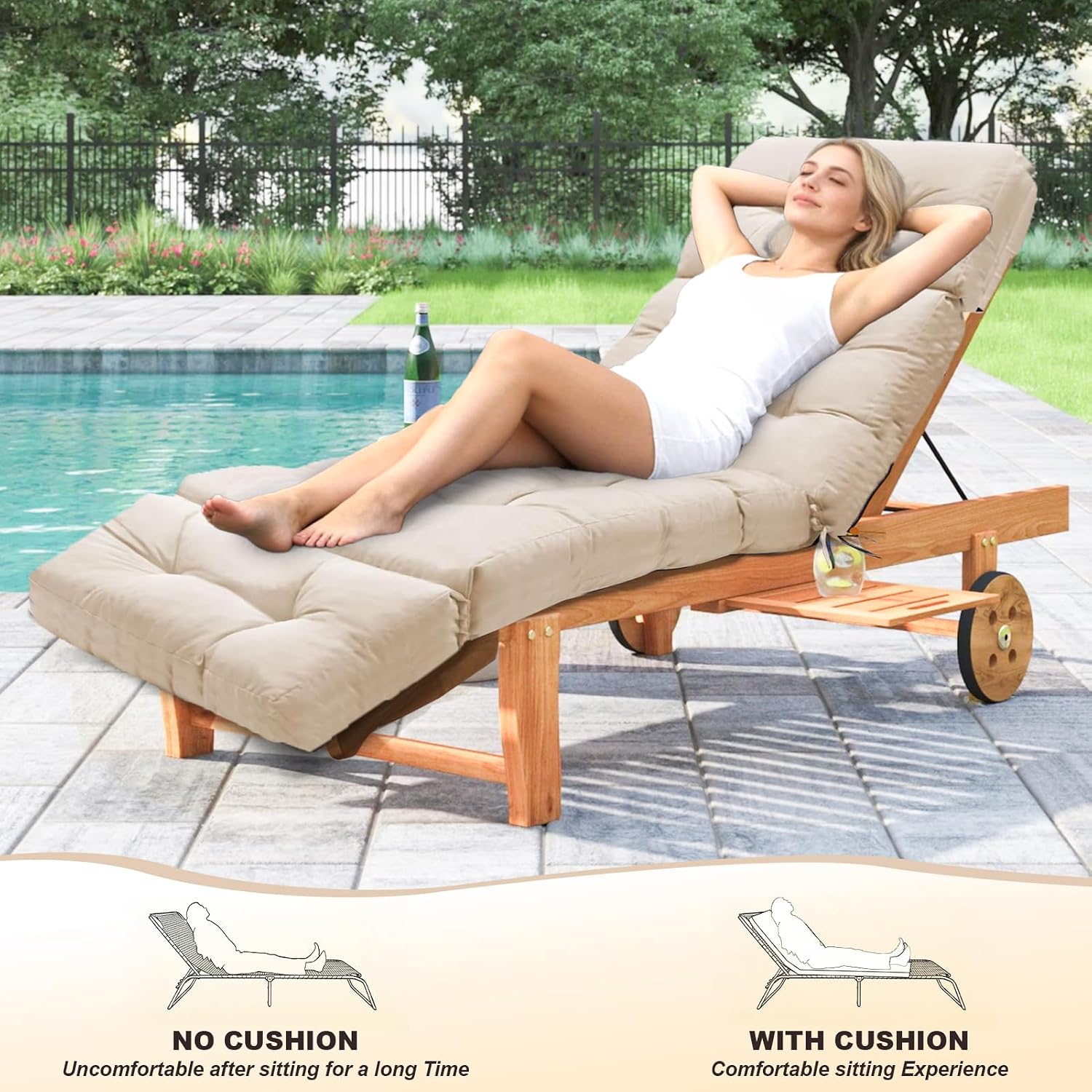 Outdoor Chaise Lounge Chair Cushion 74.2 x 22 x 4.7 Inches Thickened 100% Waterproof Oxford Patio Lounge Chair Cushions, Pool Lounger Cushions Replacement for Outdoor Furniture with Ties, Cream