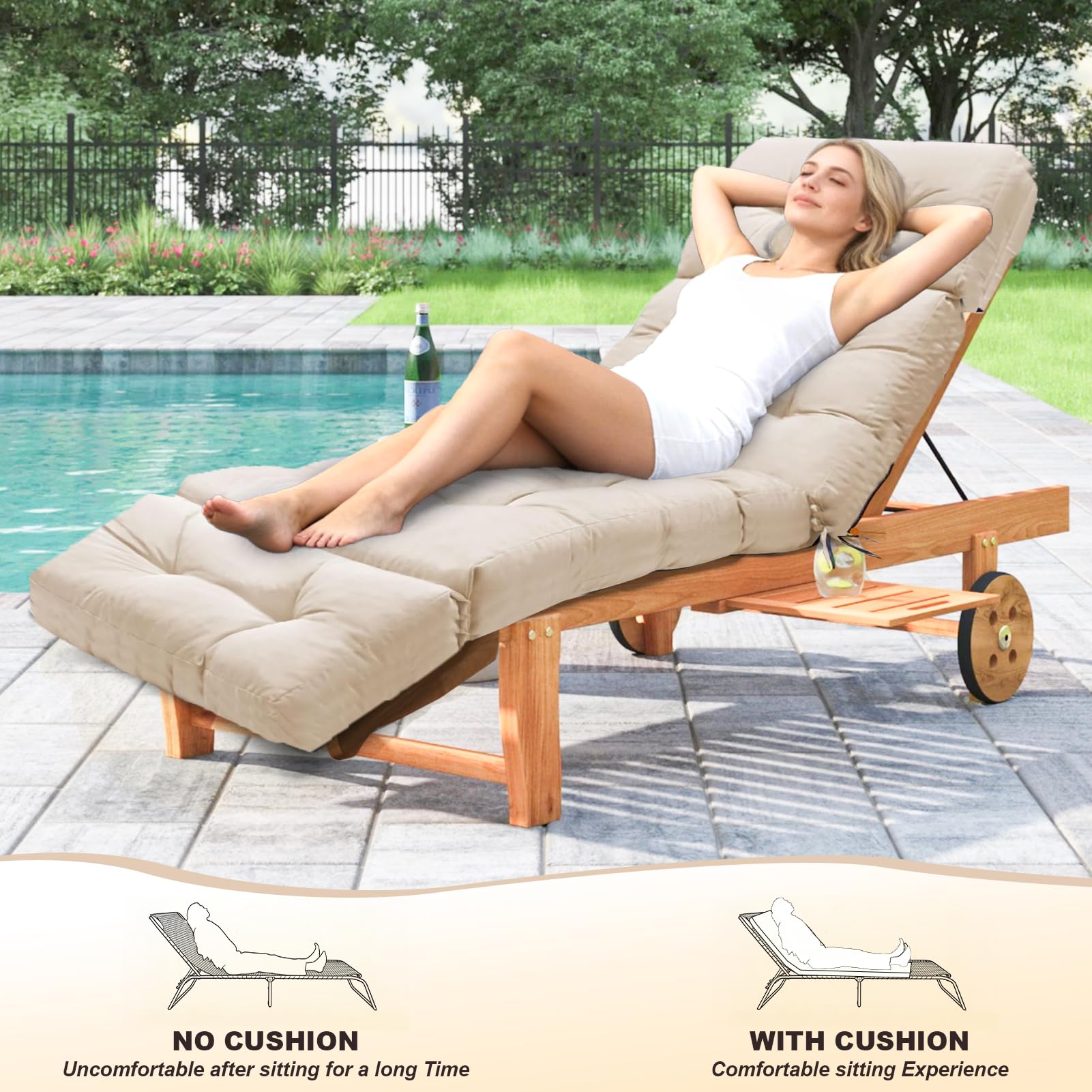 Outdoor Chaise Lounge Chair Cushion, 100% Waterproof Lounge Chair Cushions for Outdoor Furniture, 75.1 x 22.8 x 4.7 Inches Replacement Thickened Pool Lounges Chairs Cushions with Ties, Cream — view 7