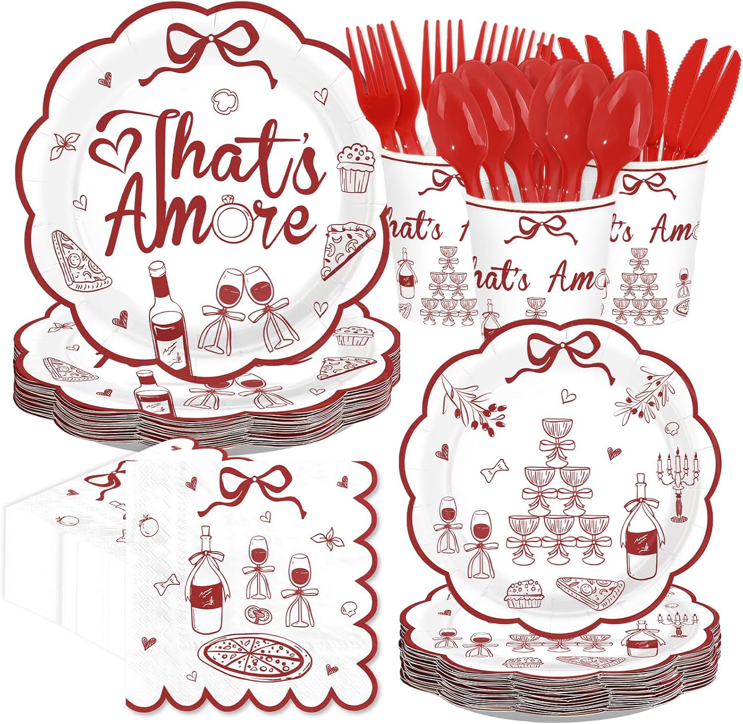 168Pcs That's Amore Plates and Napkins Disposable Italian Themed Party Decoration Pizza And Wine Bachelorette Party Tableware Set For Valentines Wedding Bridal Shower Engagement Bachelorette Supplies