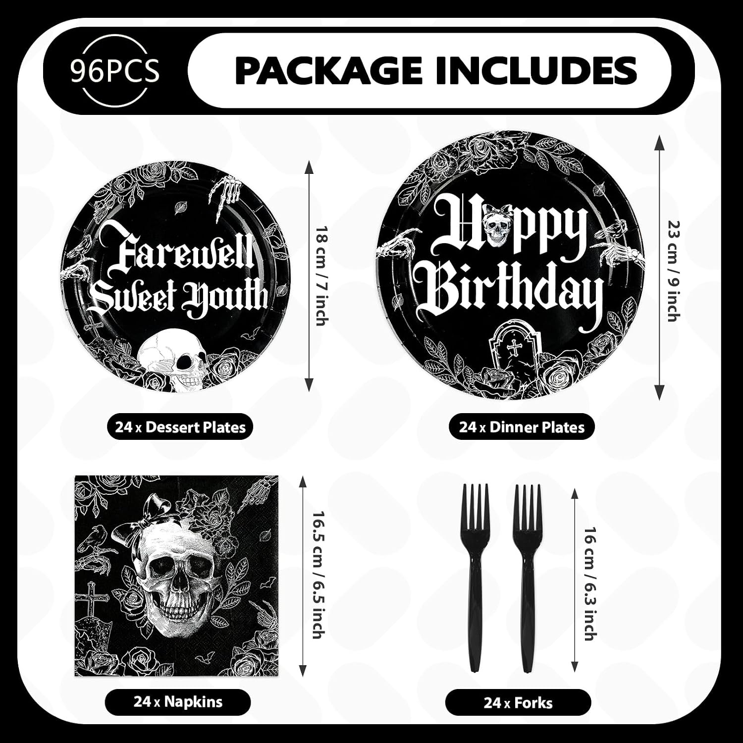 96 Pcs Gothic Birthday Party Decorations Black White Skull Goth Skeleton Plates and Napkins Tableware Sets Farewell Sweet Youth Gothic Theme Decorations for Girls Birthday Party Supplies Serve 24