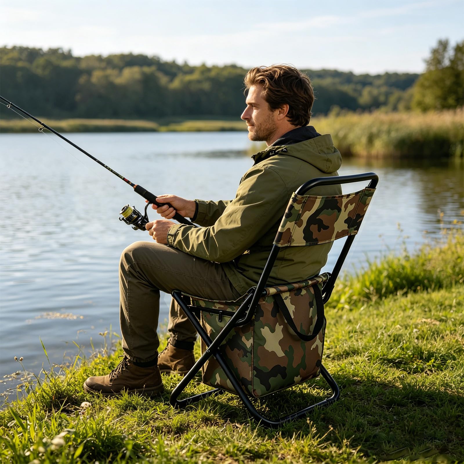 Sedia pieghevole portatile 3 in 1 per esterni, campeggio e pesca, pieghevole, con custodia e motivo mimetico, per il tempo libero e il giardino (verde mimetico)