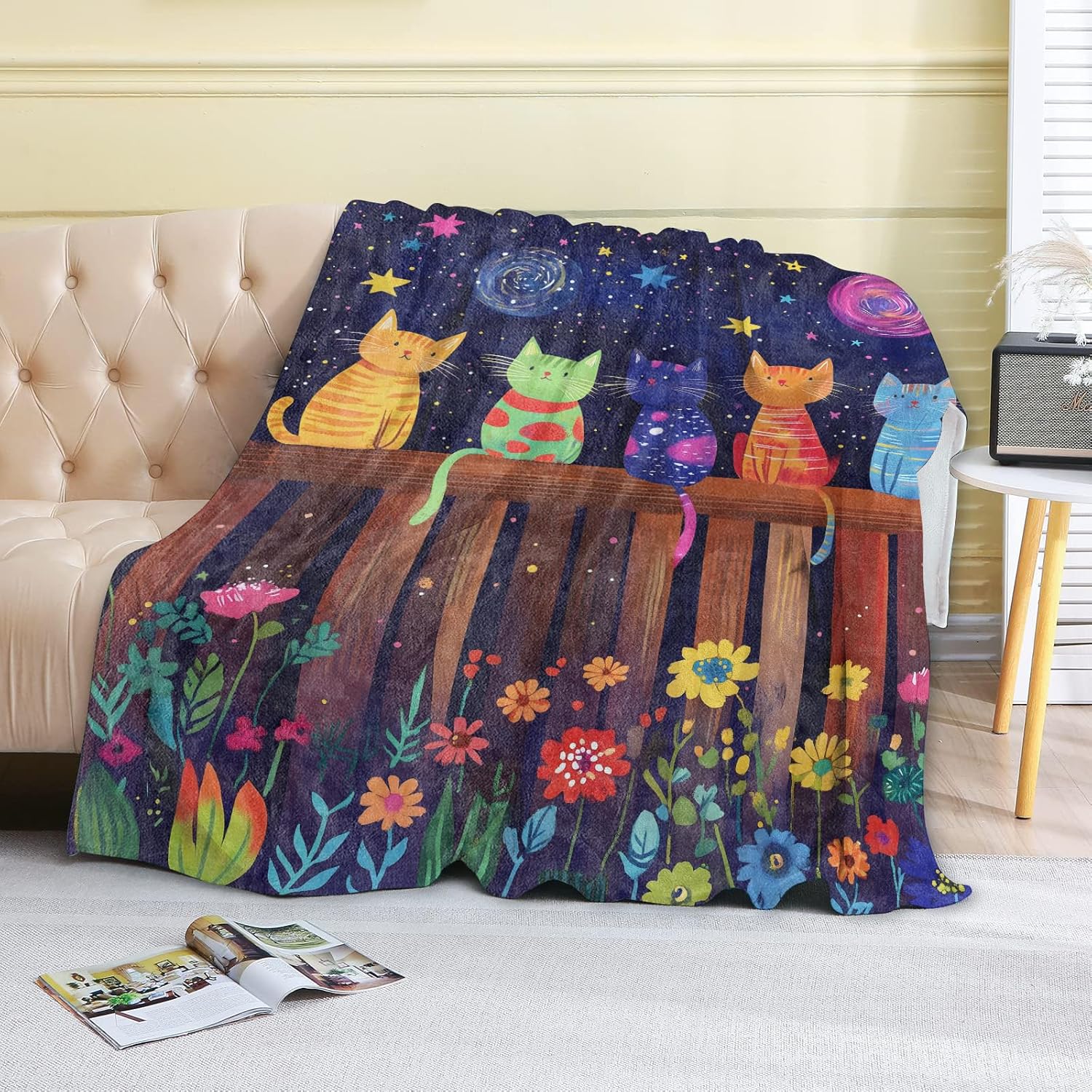 Colorful Cat Fleece Blanket - 60x80in Kitten Starry Night Sky and Flower Garden Throw Blankets,Soft Cozy Lightweight, Ideal for Living Room Home Decor and Kids Women Girls Spring Gifts