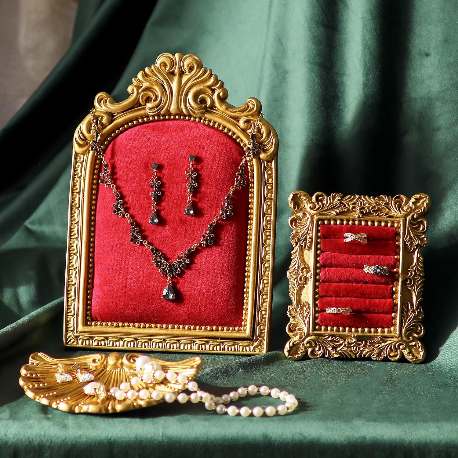3-Piece Jewelry Display Stand, Velvet Necklace Display Set, Ring Holder Dish, Vintage, Earring Organizer, Baroque Trinket Storage Dish for Women Gifts, Necklace Jewelry Stand for Selling