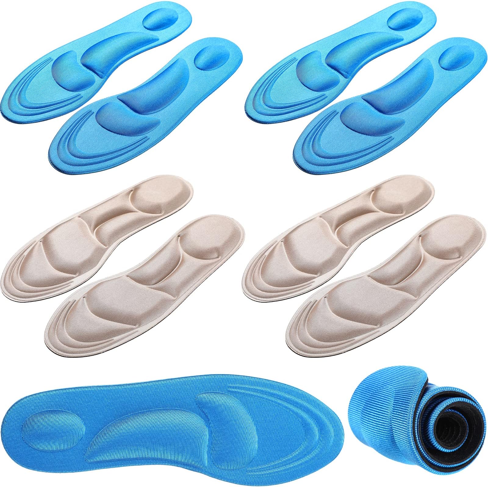 4 Pairs Arch Support Insoles for Women, Memory Foam Cushion Shoe Inserts, Breathable High Heel Inserts, 5d Barefoot Comfort Shoe Pad for Massaging Arch Pain Relief(Beige, Blue)