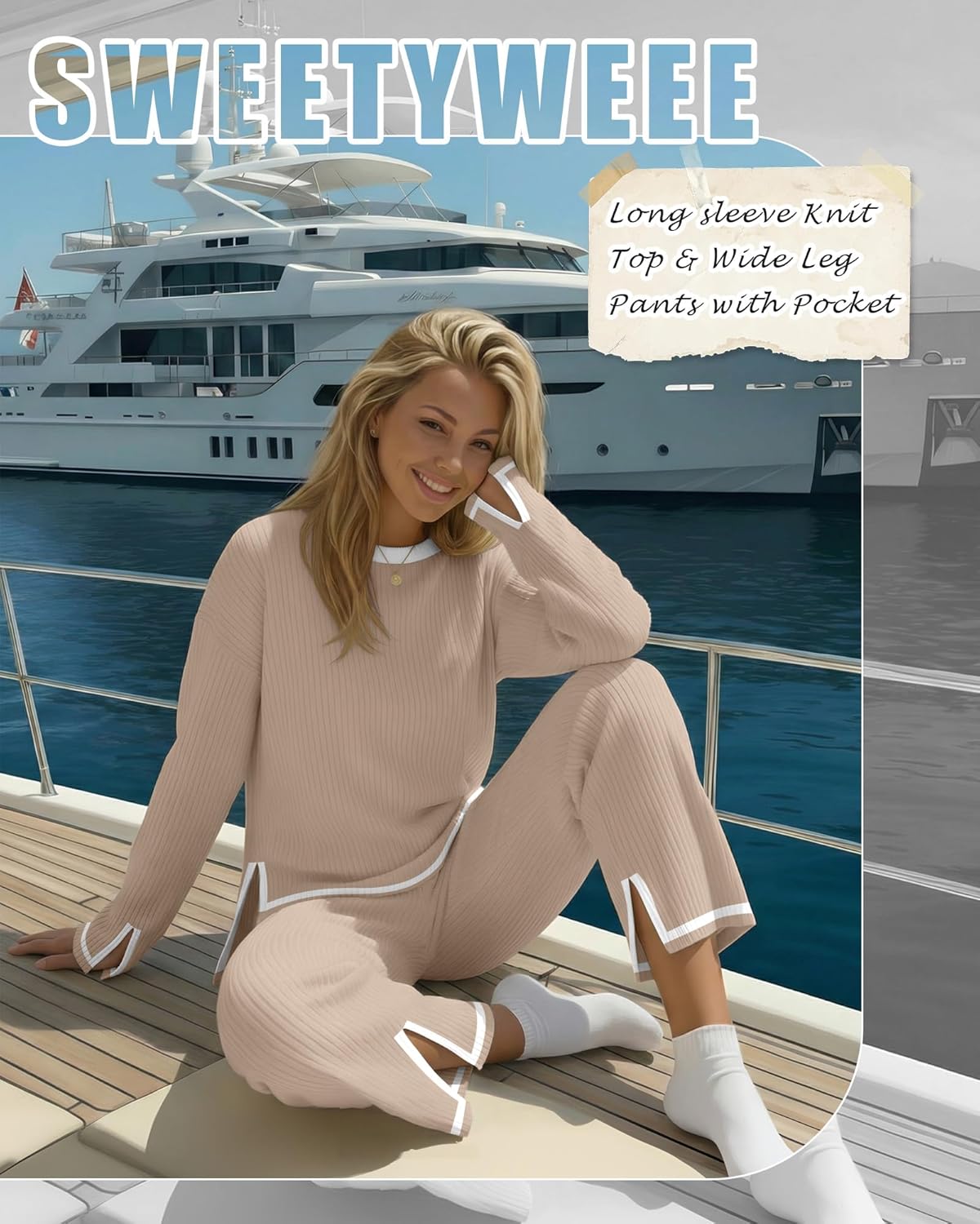 Women's 2 Piece Sweater Set Long sleeve Knit Top Wide Leg Pants Lounge Sweatsuit Fall Winter Outfits with Pocket - Image 2