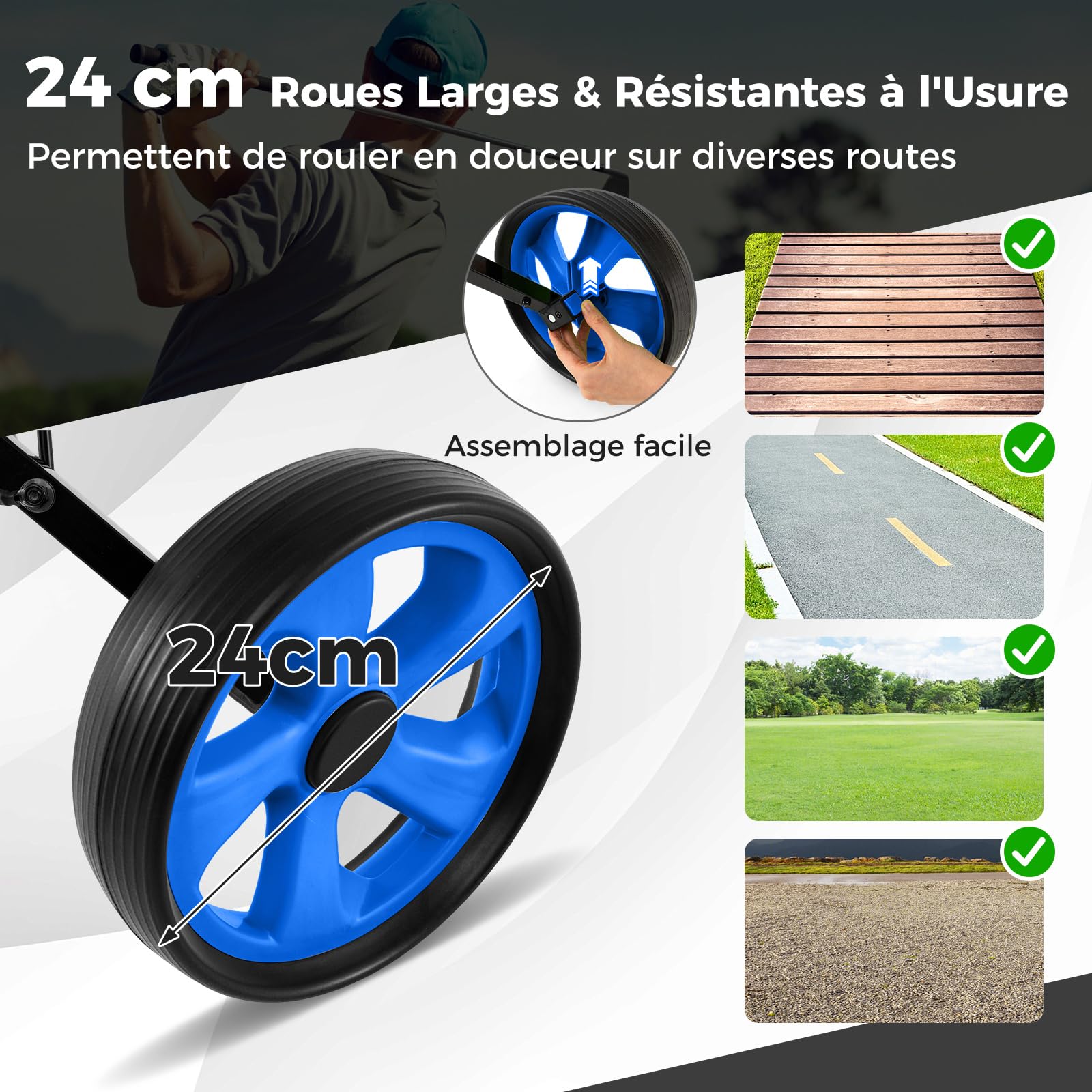 COSTWAY Chariot de Golf à 2 Roues Pliable avec Emplacement pour 4 Tees, 4 Balls et Tableau de Score, Caddie de Golf Multifonctionnel Facile à Ranger et Transporter avec Design Compact