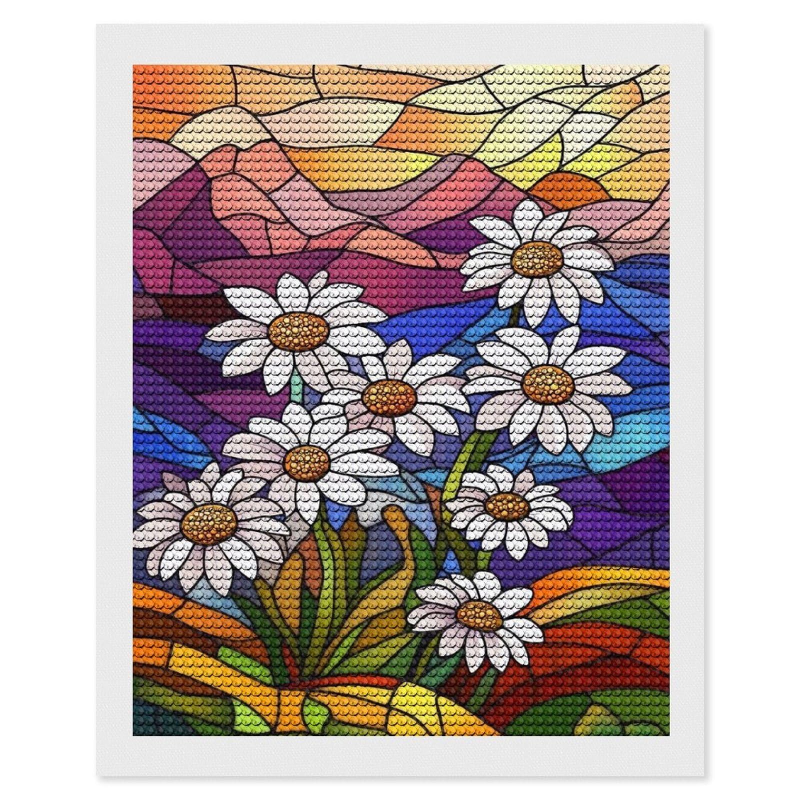 Junmoney Stained Glass Daisies DIY Diamond Art Canvas Kit 16"x20", Relaxing DIY, Sparkling Crystal Beads, Vintage Style Decor, Holiday Gift Idea