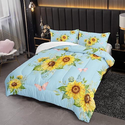 Miniatura 4 de Juego de edredón azul girasol tamaño individualmatrimonial para mujeres adultas, juego de ropa de cama floral de mariposa de 3 piezas, edredones de