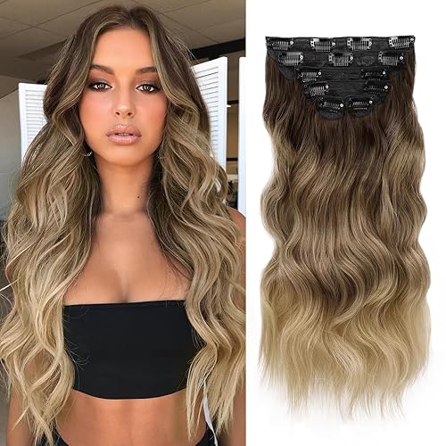 WECAN Extensiones de cabello con clip de 20 pulgadas rubio degradado 6 piezas natural largo ondulado rizado para mujeres de fibra sintética gruesa