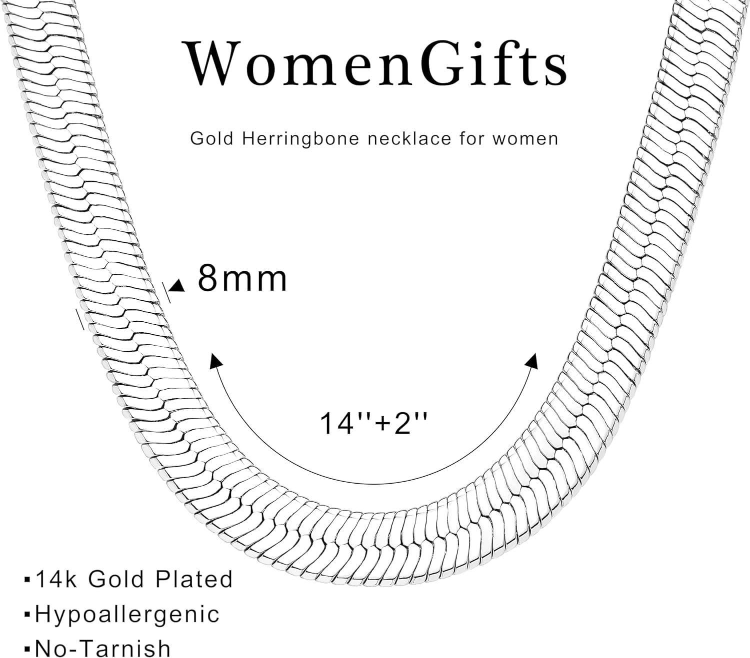 WomenGifts 14K Gold Silver Plated Herringbone Necklace for Women, Dainty Snake Chain Choker, Trendy Simple Long Layered Jewelry Non Tarnish, 3/4/5/8mm,14,16,18,20,22,24,26 Inch Thin & Chunky Options - Image 4