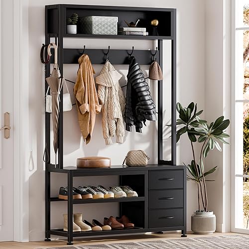 Miniatura 2 de Lulive Árbol de pasillo con banco y almacenamiento de zapatos, estante de almacenamiento para padres e hijos, 4 bolsillos laterales y 13 ganchos,